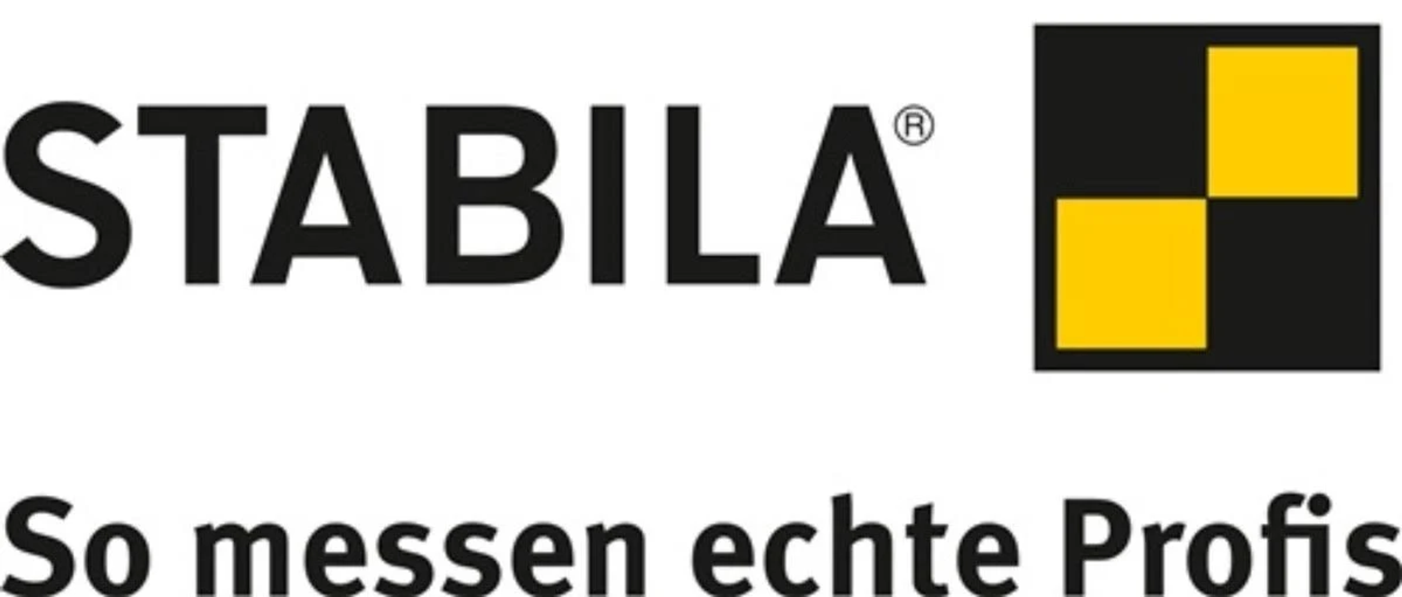 STABILA-Logo mit Text 'So messen echte Profis' auf weißem Hintergrund.