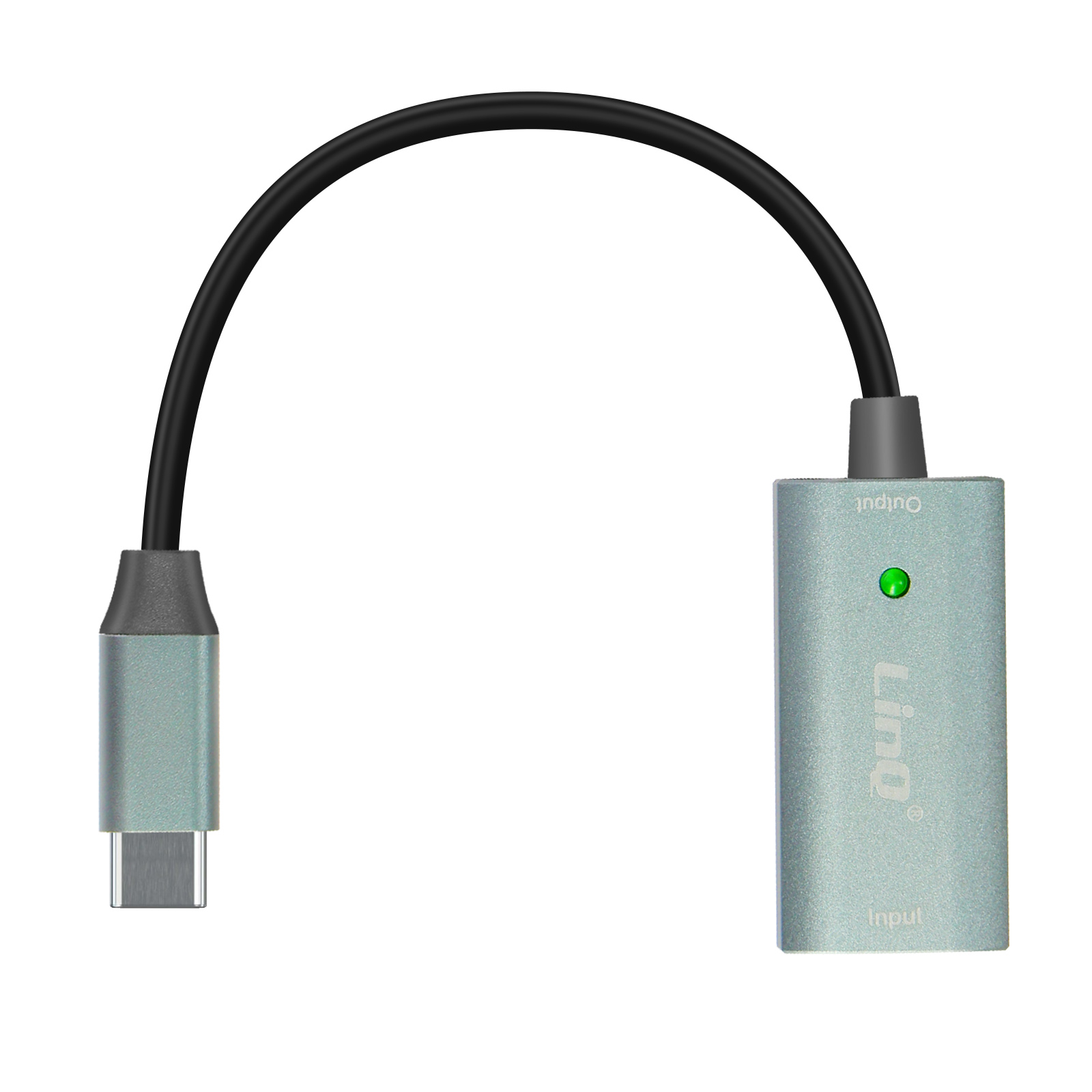 Un adattatore color teal con un connettore USB-C a un'estremità e un cavo nero.