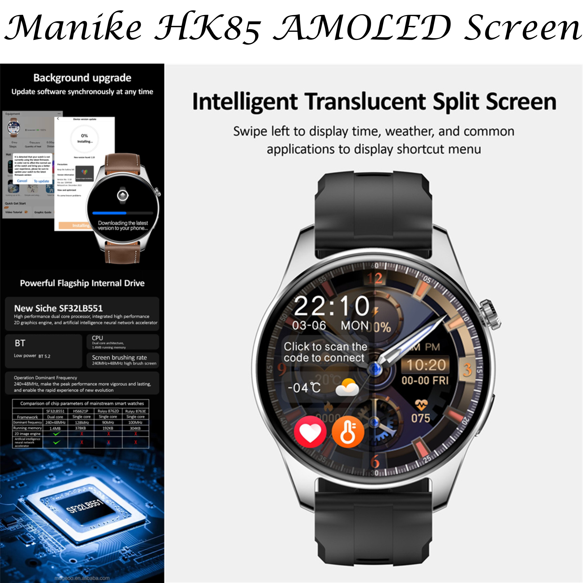 MANIKE HK85 Smartwatch stainless steel 210 Silikon, 140 Schwarz mm, 