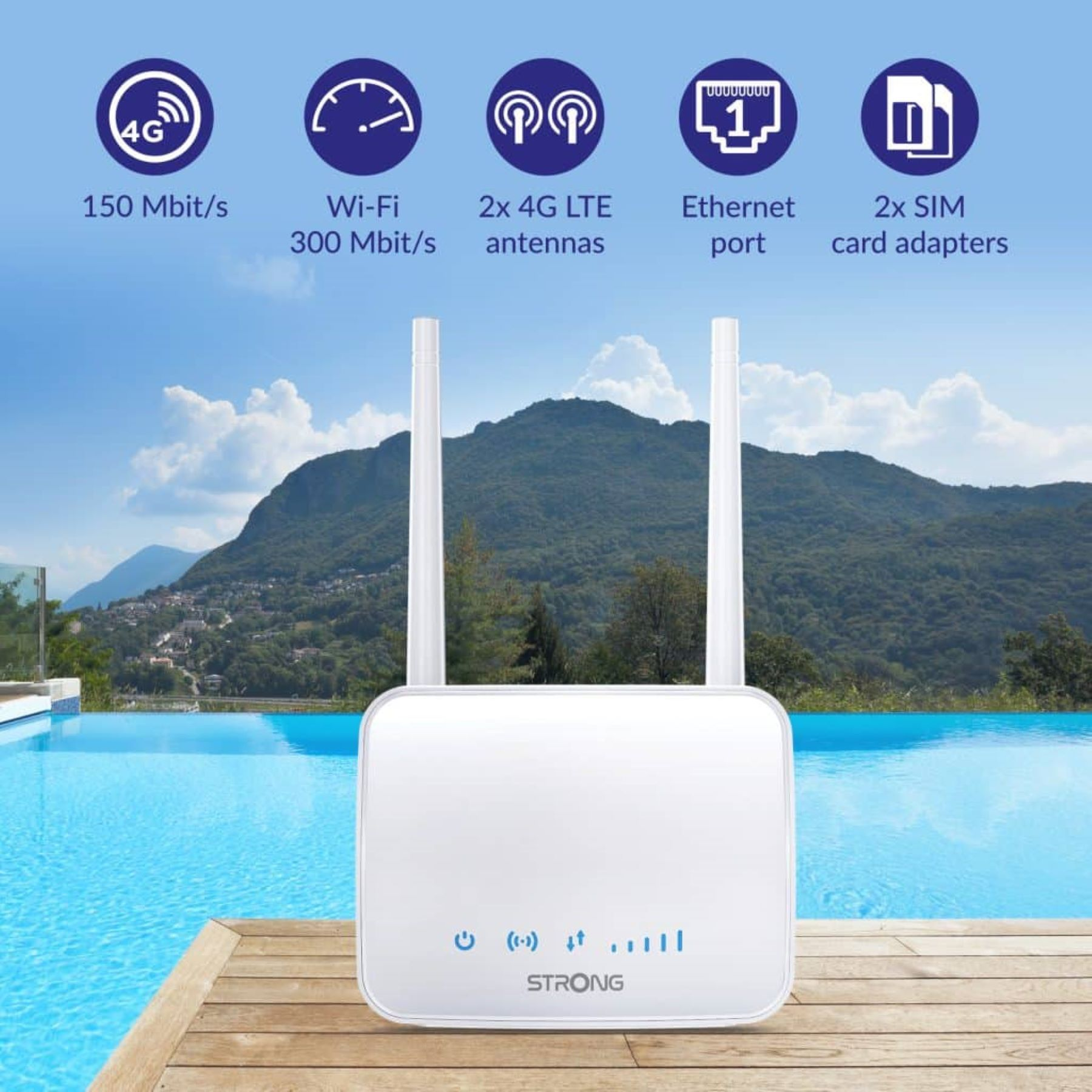 Witte router met twee antennes, wifi en 4G details. Achtergrond: zwembad, bergen, lucht.