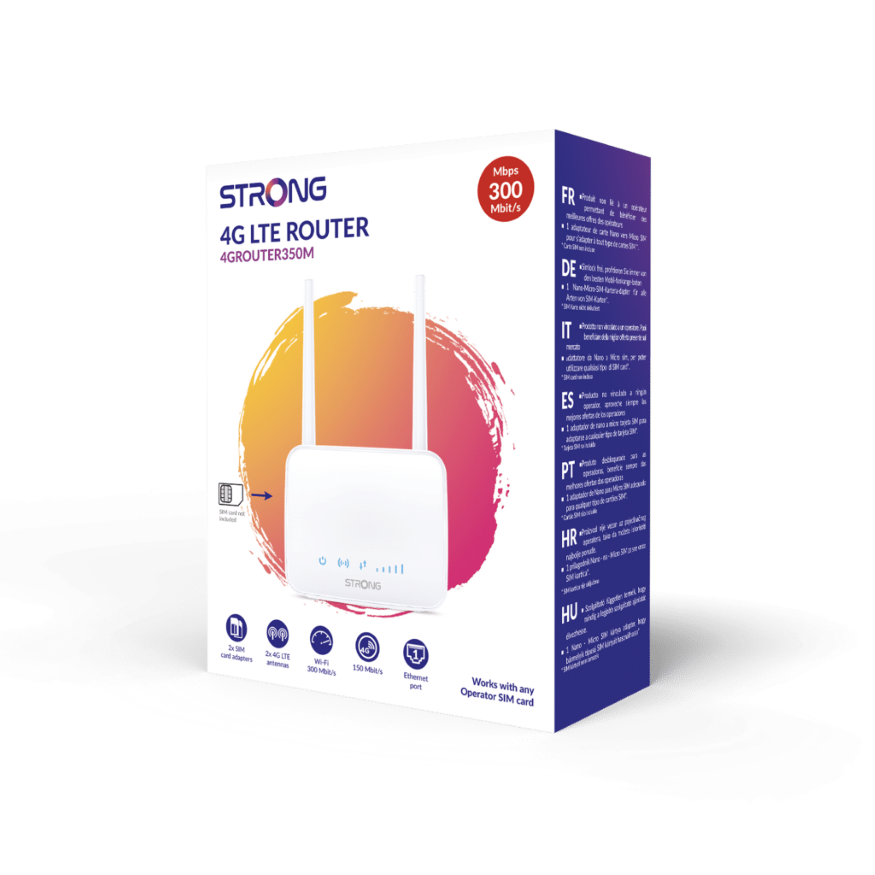 Doos van een Strong 4G LTE Router met antennes, tekst en een Wi-Fi symbool.