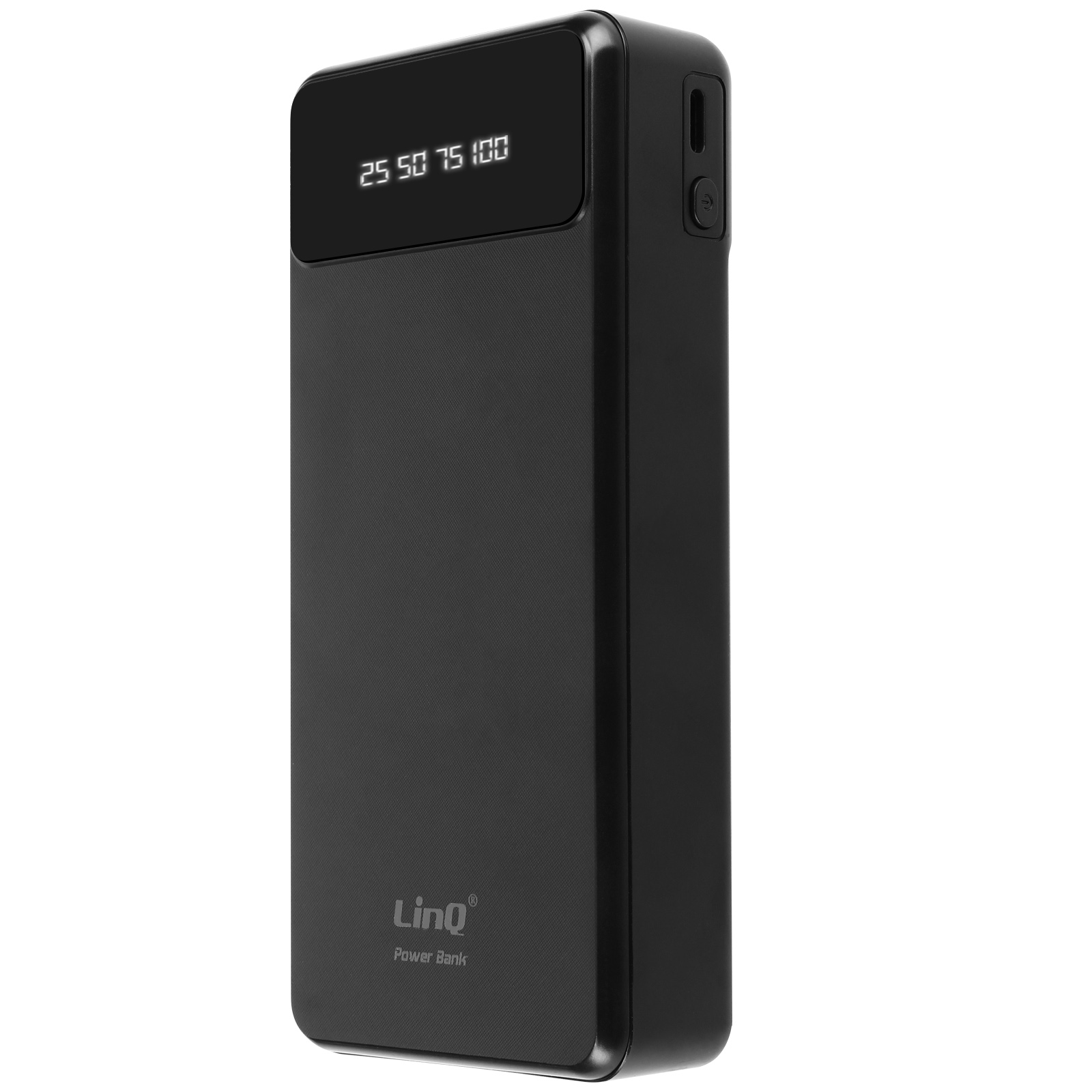Batterie externe noire avec affichage LED, pourcentage de charge, fond blanc.