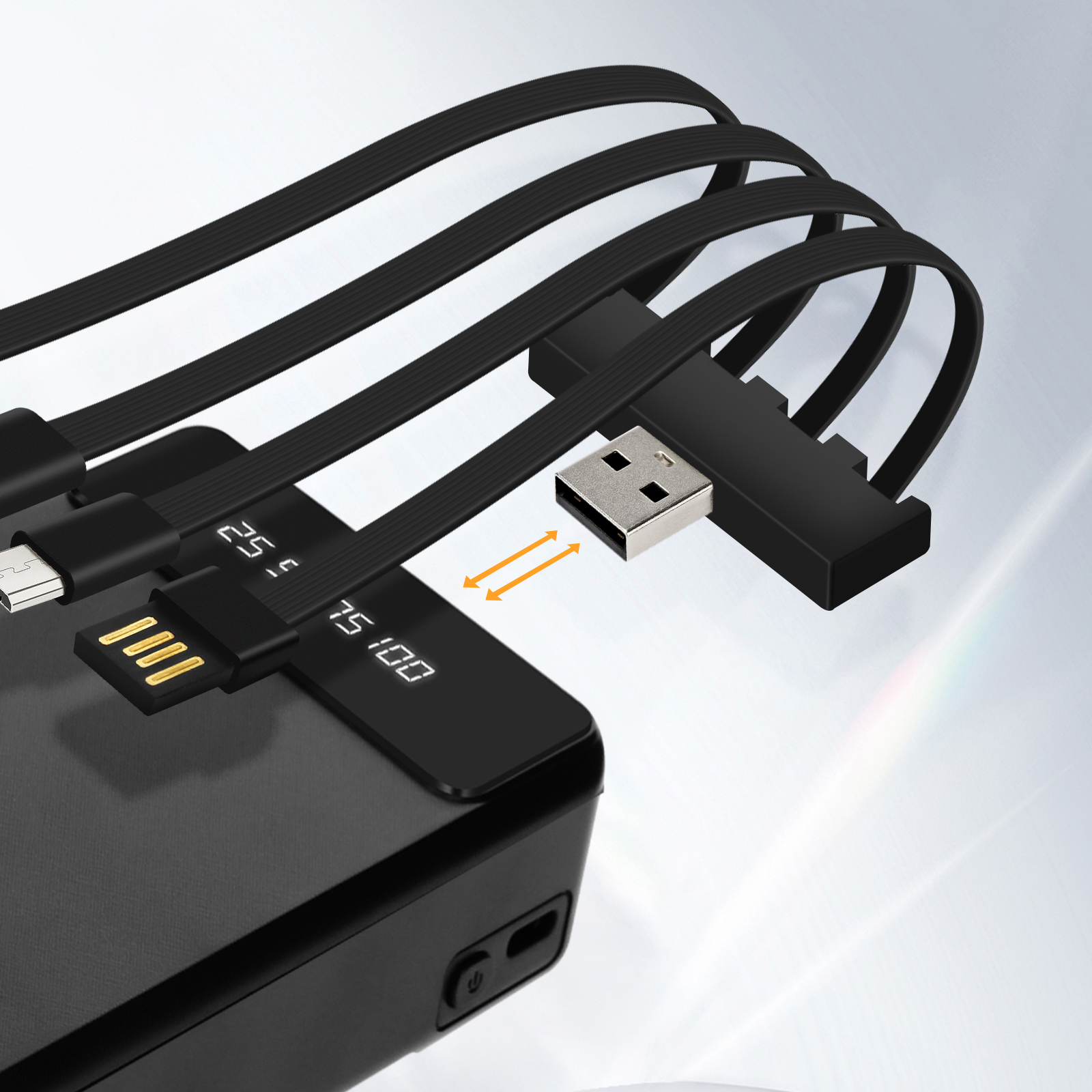 Batterie externe noire avec câbles de charge. Affichage avec pourcentage, USB et autres extrémités de câble.