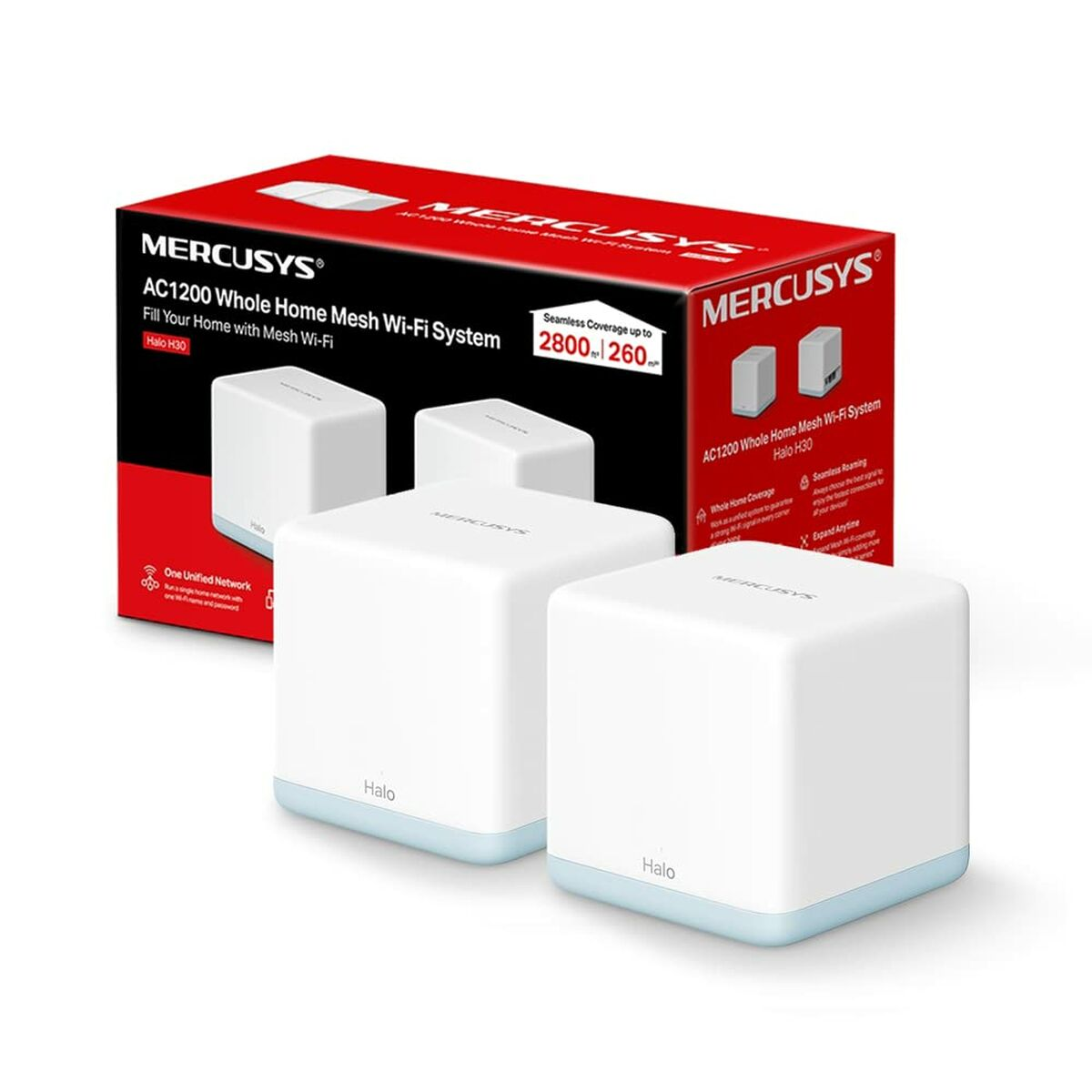 Drei weiße Mesh-WLAN-Systeme auf einer weißen Oberfläche. Dahinter befindet sich eine rote Box.