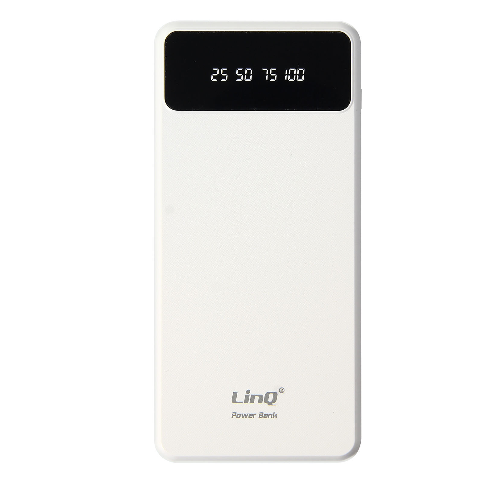 Batterie externe blanche avec affichage numérique indiquant 25, 50, 75 et 100. Logo LinQ.