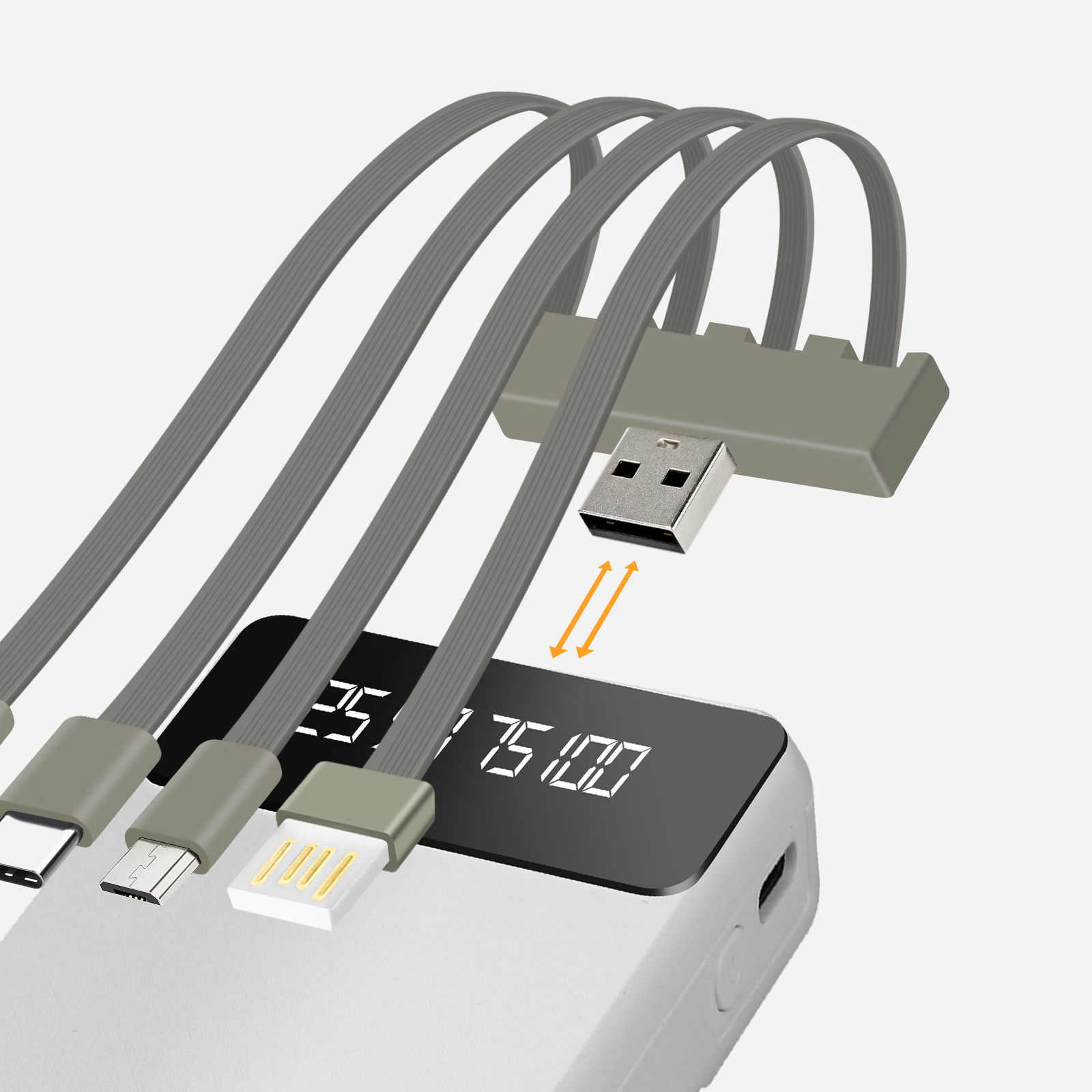 Batterie externe avec 4 câbles gris. Câbles connectés au port USB et micro USB.