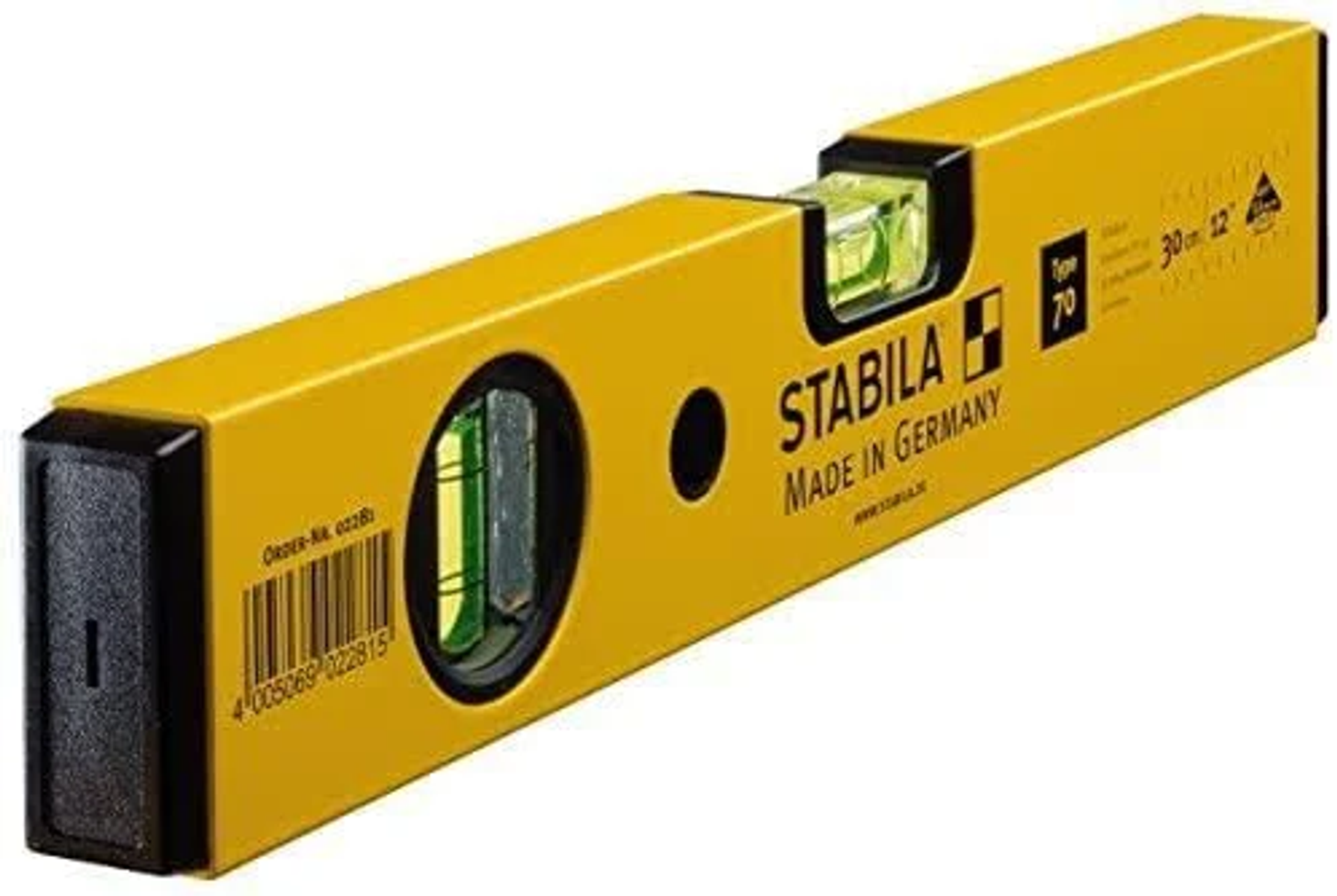 Ein gelbes Wasserwaagenwerkzeug mit einer Blase und einem Barcode. Es ist mit 'STABILA' beschriftet.