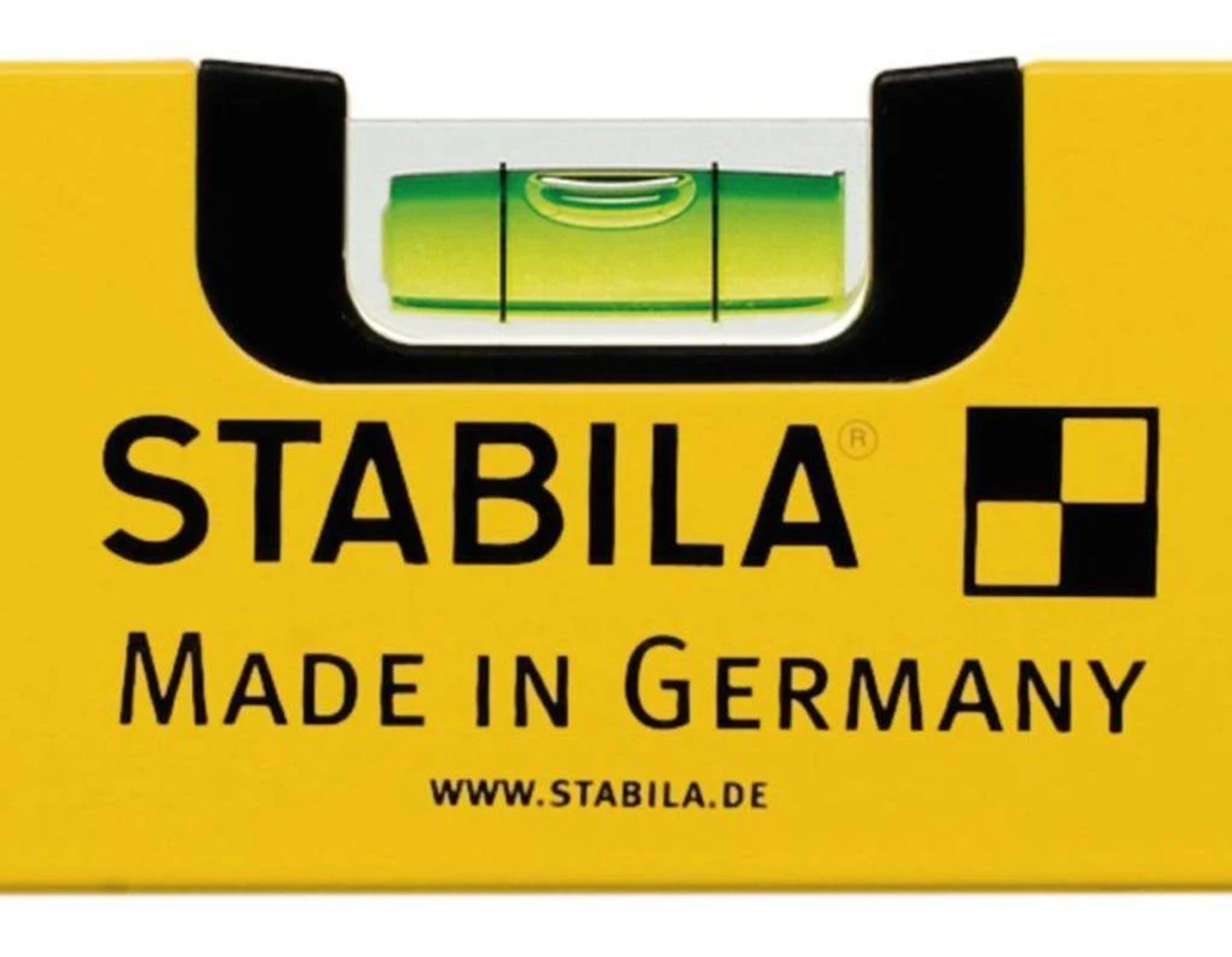 Gelbe Wasserwaage mit STABILA und MADE IN GERMANY. Blase in grüner Flüssigkeit.
