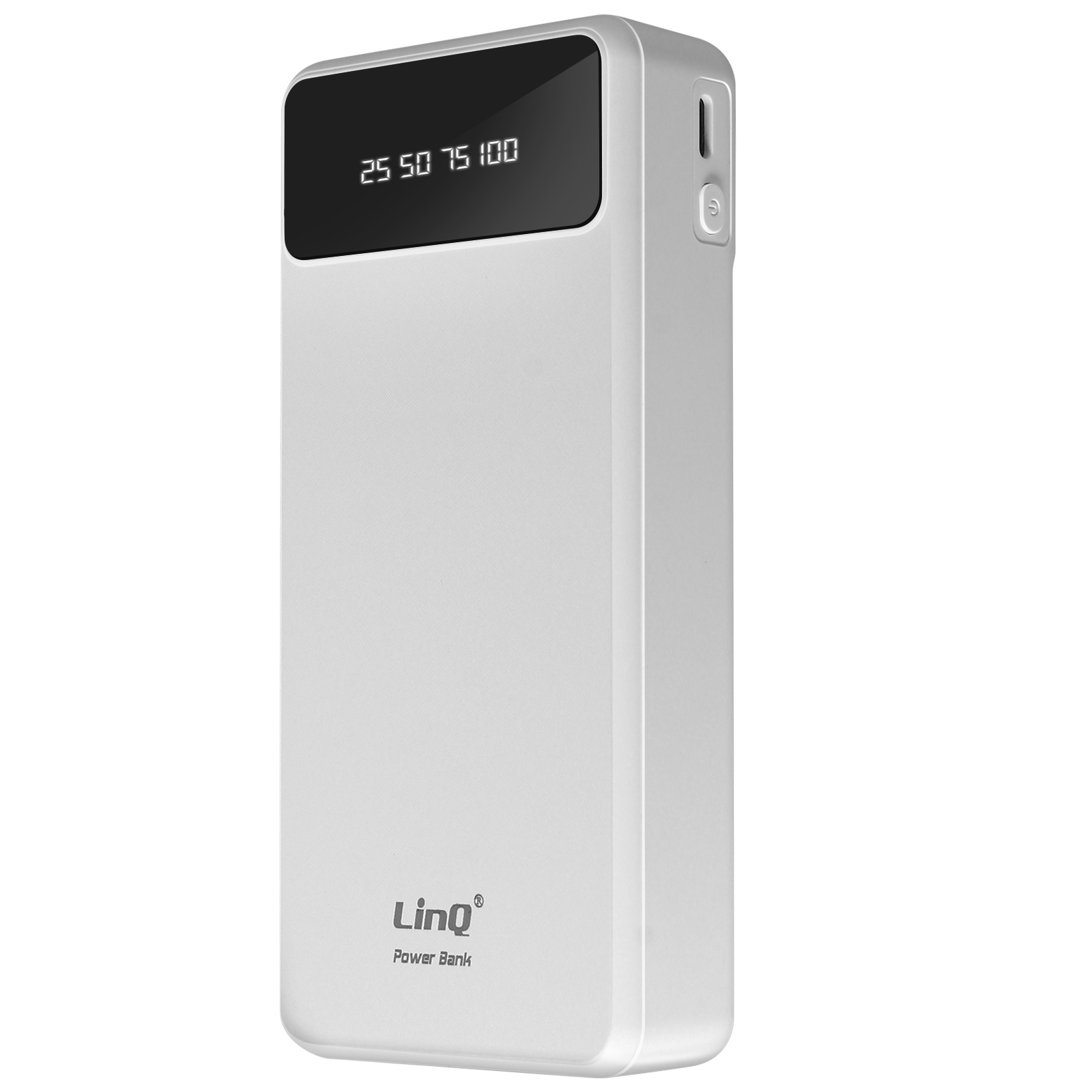 Batterie externe blanche, avec un écran affichant les niveaux de charge et un bouton. Fond blanc.