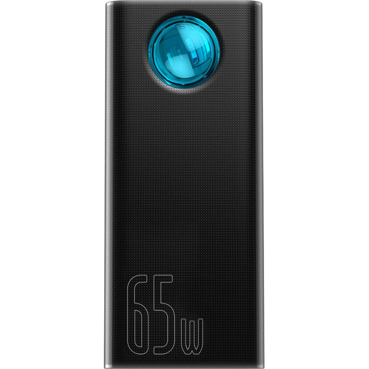 Czarny power bank z niebieskim okrągłym przyciskiem i tekstem 65W.