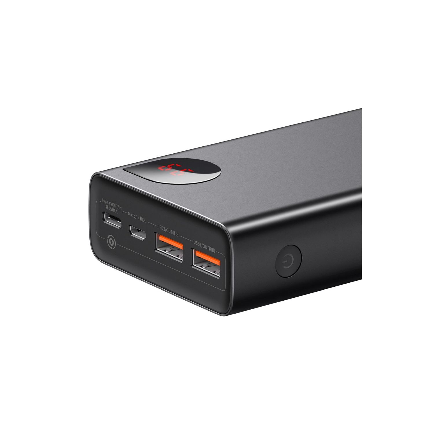 Czarny power bank z wieloma portami i cyfrowym wyświetlaczem (85%).