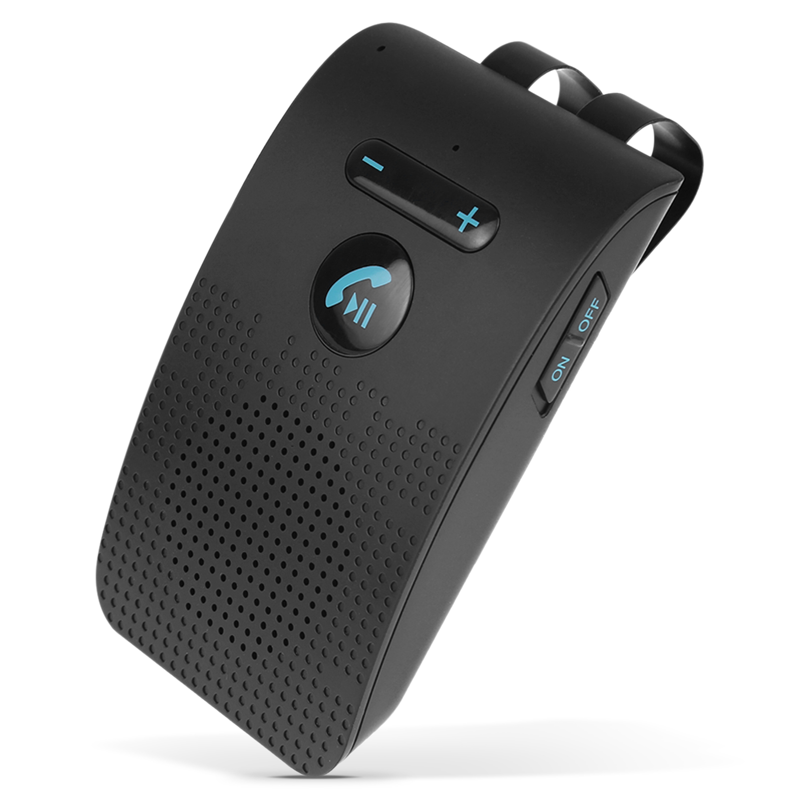 Schwarze Bluetooth-Autofreisprecheinrichtung mit Knöpfen. Es hat einen Lautsprechergrill und Clips.
