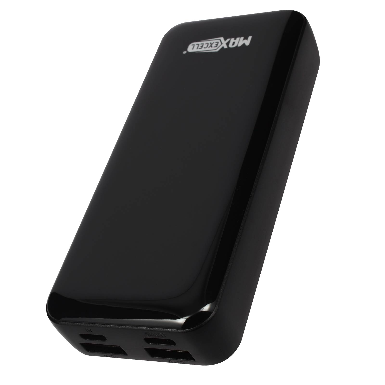 Eine schwarze Powerbank mit dem weißen Schriftzug MAX EXCELL, abgewinkelt vor weißem Hintergrund.