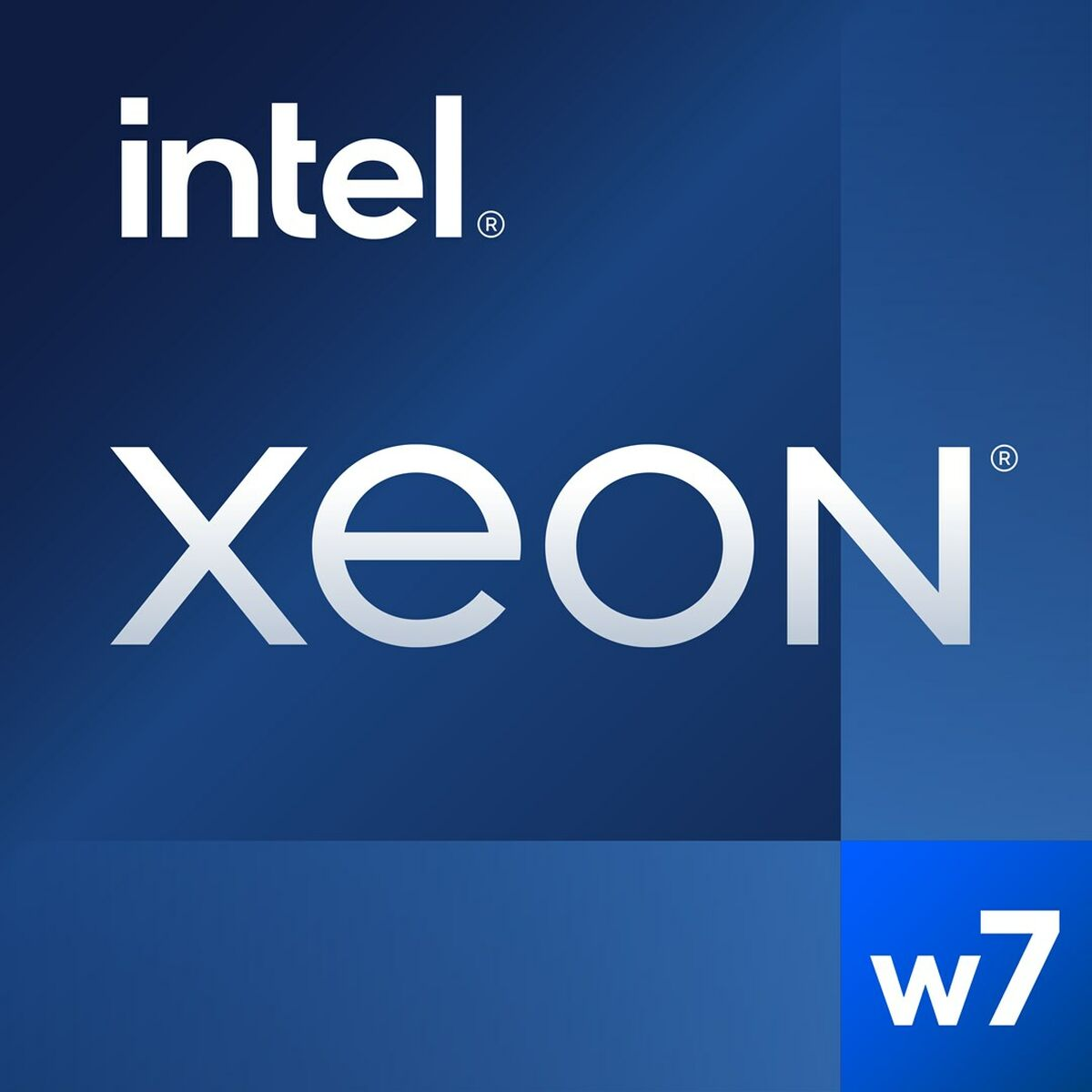 Logotipo de Intel Xeon sobre fondo azul, con texto blanco y caja gris.