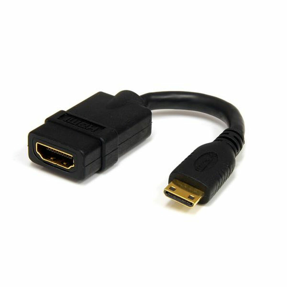 Schwarzes HDMI-zu-Mini-HDMI-Adapterkabel auf weißem Hintergrund.