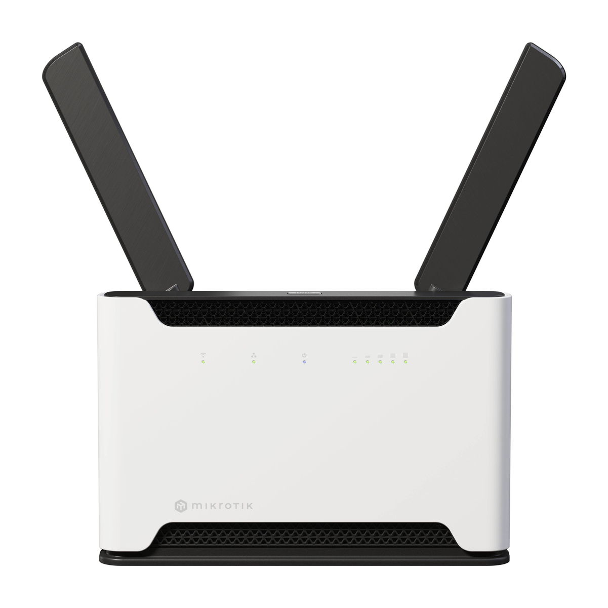 Weißer und schwarzer Router mit Antennen. Der Router hat ein Mikrotik-Logo.