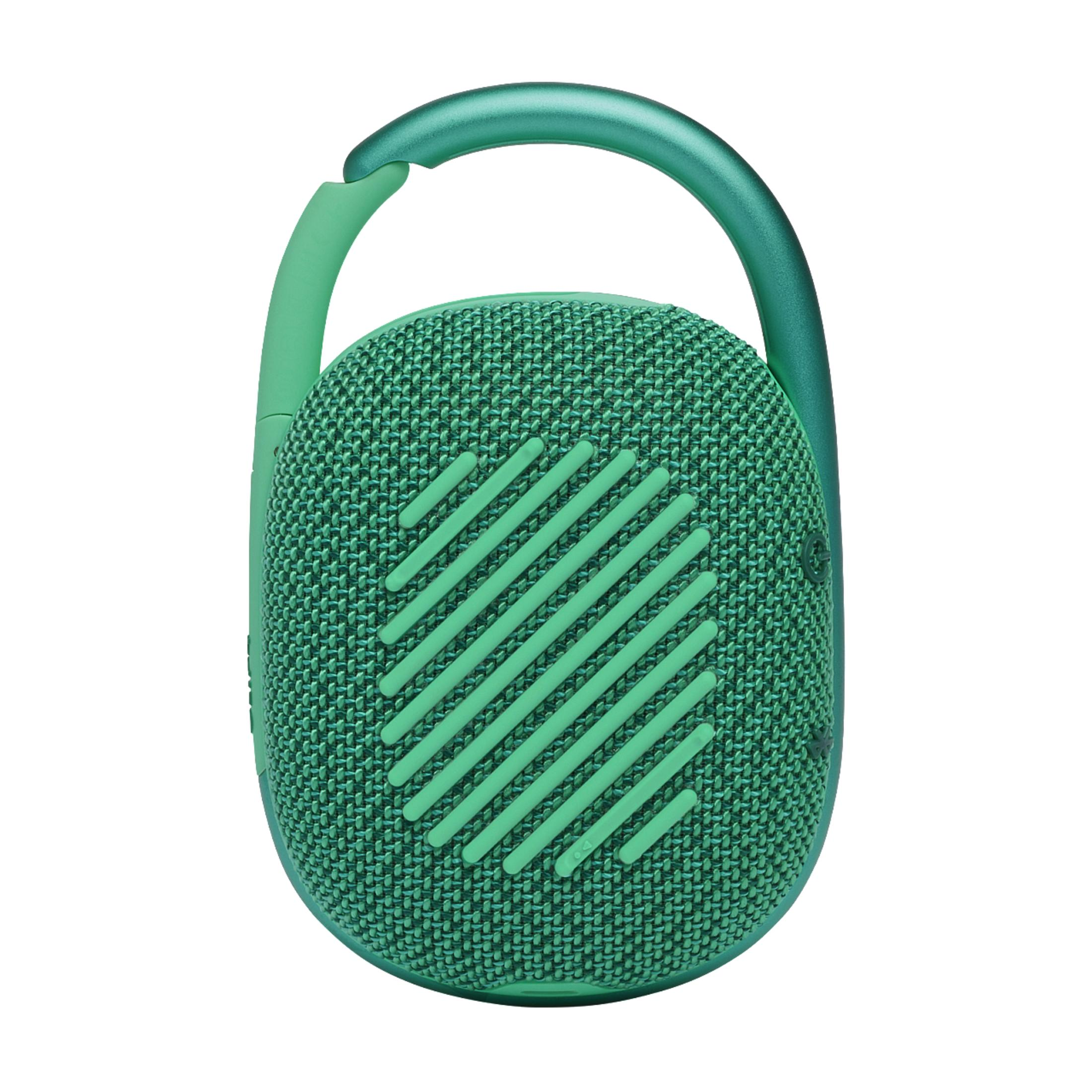 Haut-parleur JBL Clip 4 vert et sarcelle avec mousqueton sur fond blanc.