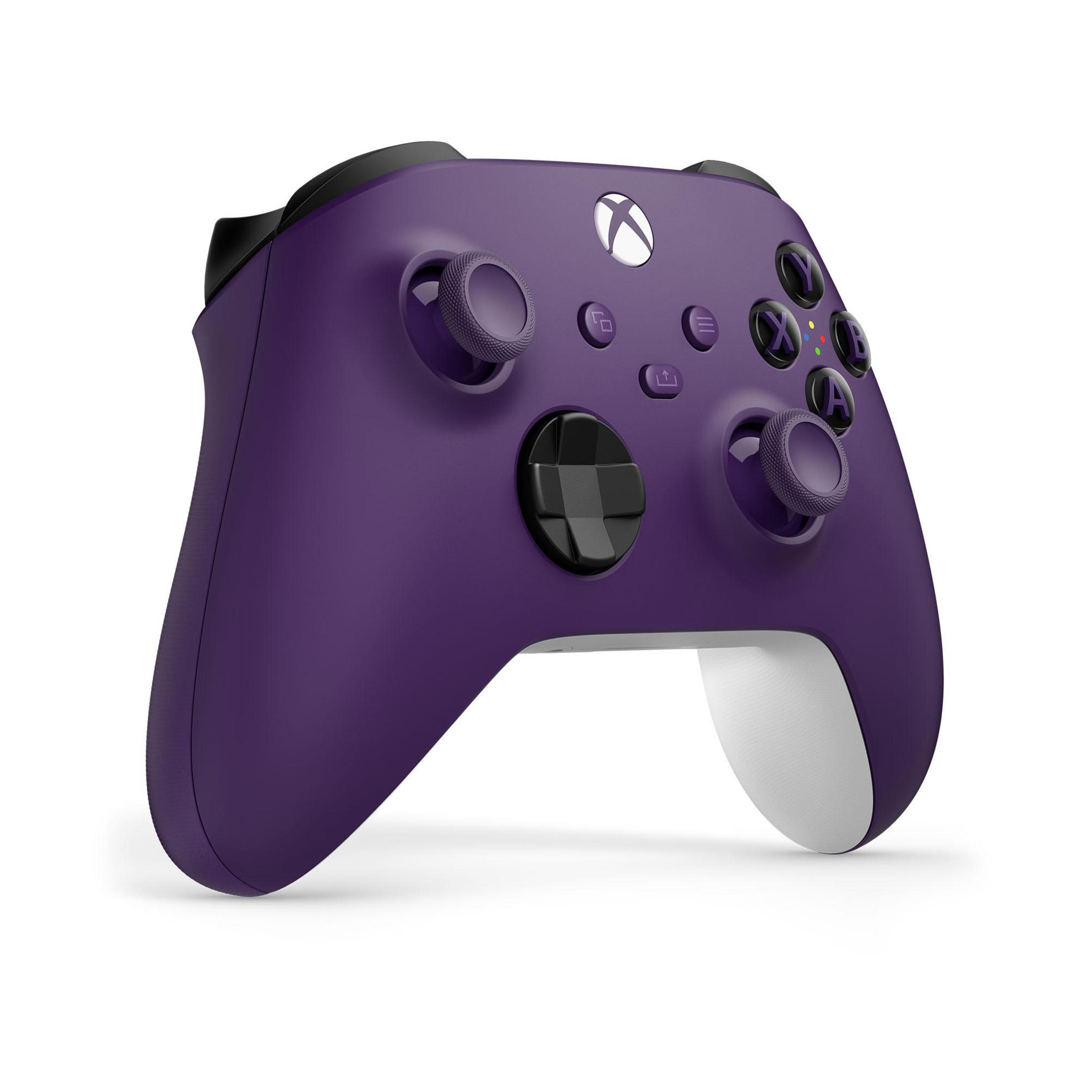 Controller Xbox viola. Pulsanti e joystick neri, impugnatura bianca.