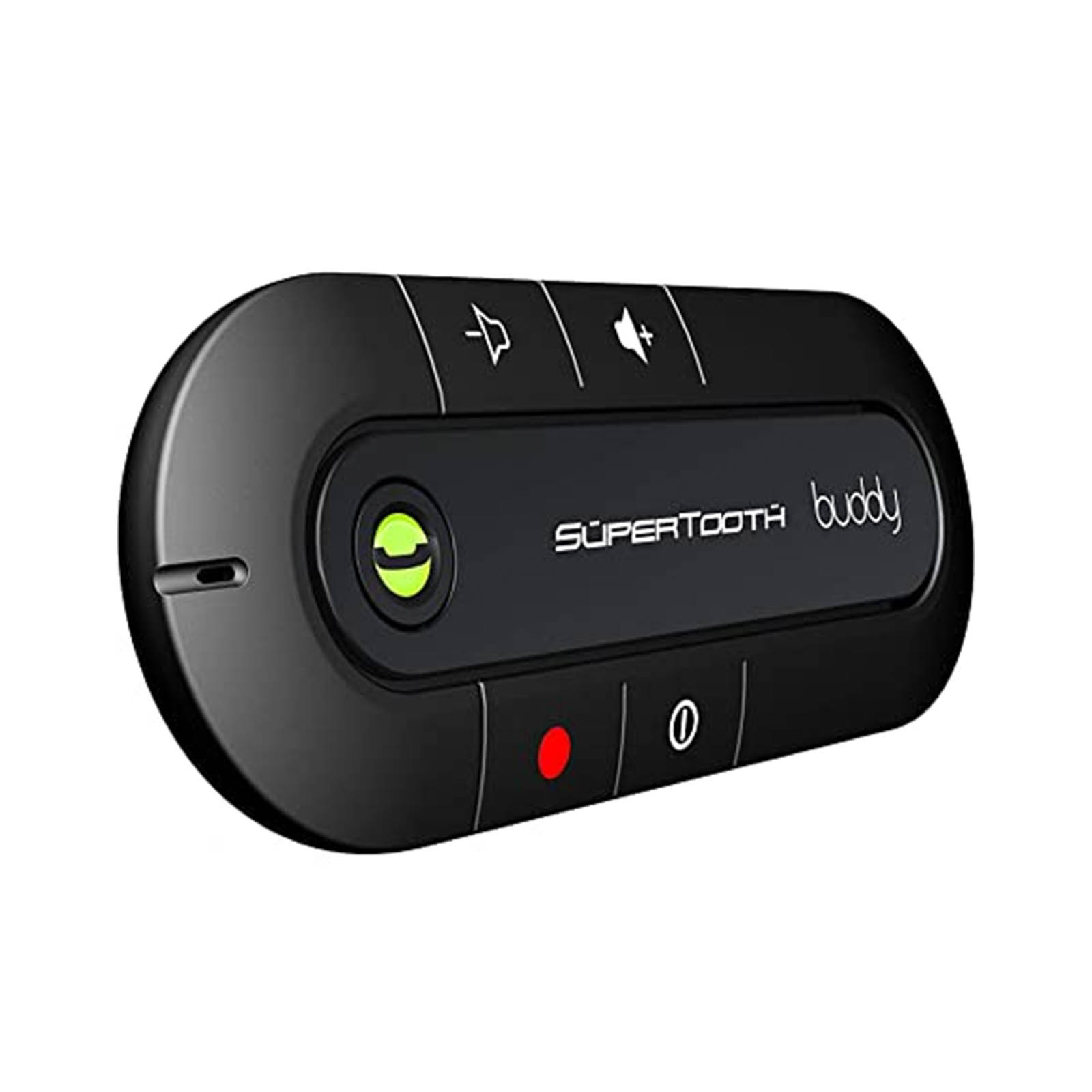 Schwarzer Supertooth Buddy Bluetooth-Lautsprecher. Hat Tasten für Lautstärke und Anrufe.