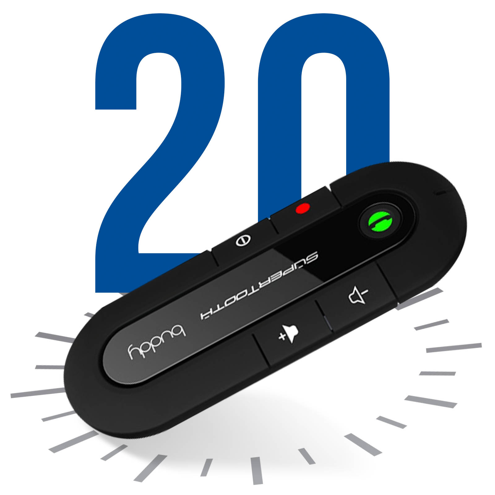 Schwarzes Bluetooth-Headset mit Knöpfen, die Zahl 20 und eine Uhrumriss auf weißem Hintergrund.