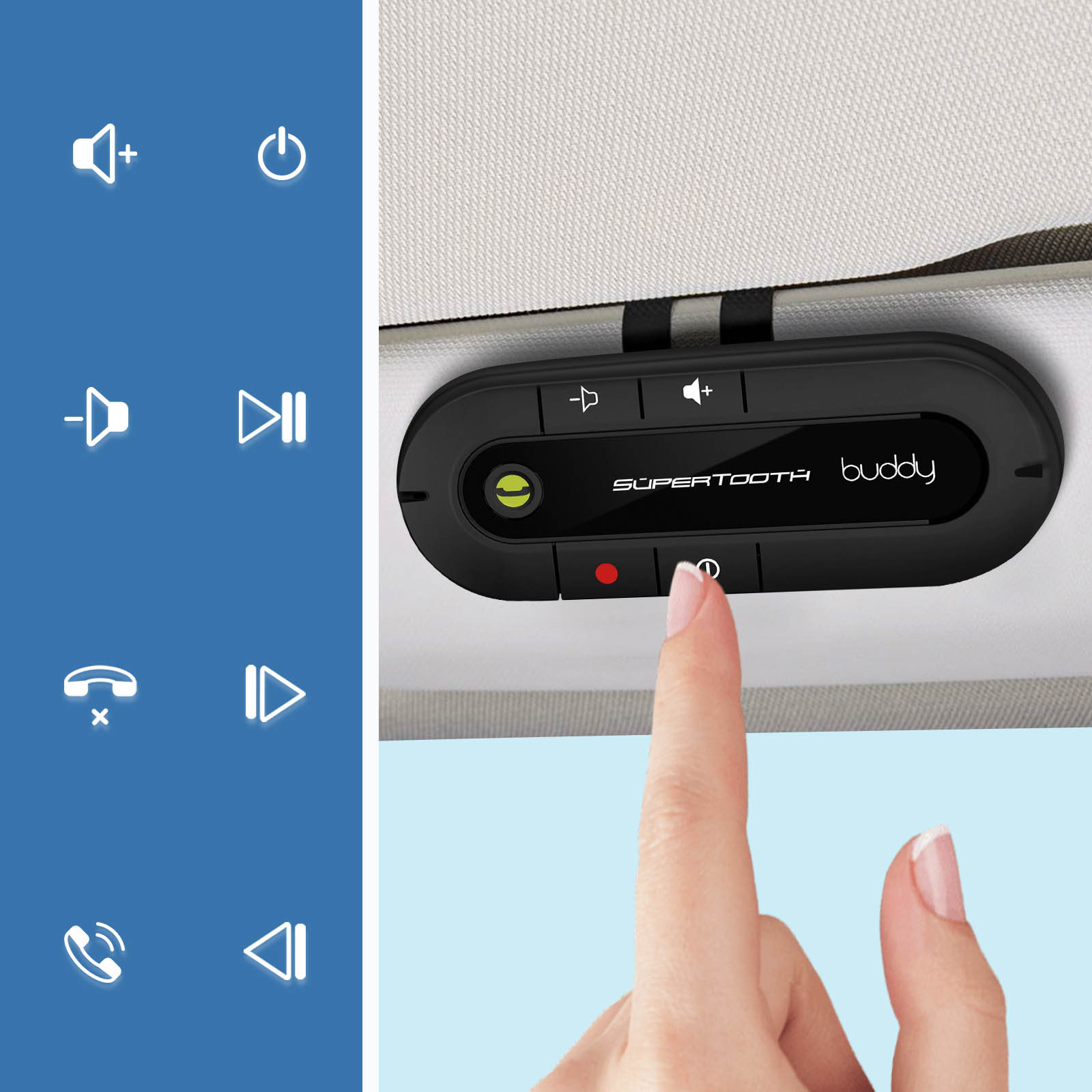 Ein Finger drückt eine Taste auf einem schwarzen Bluetooth-Gerät mit Symbolen.