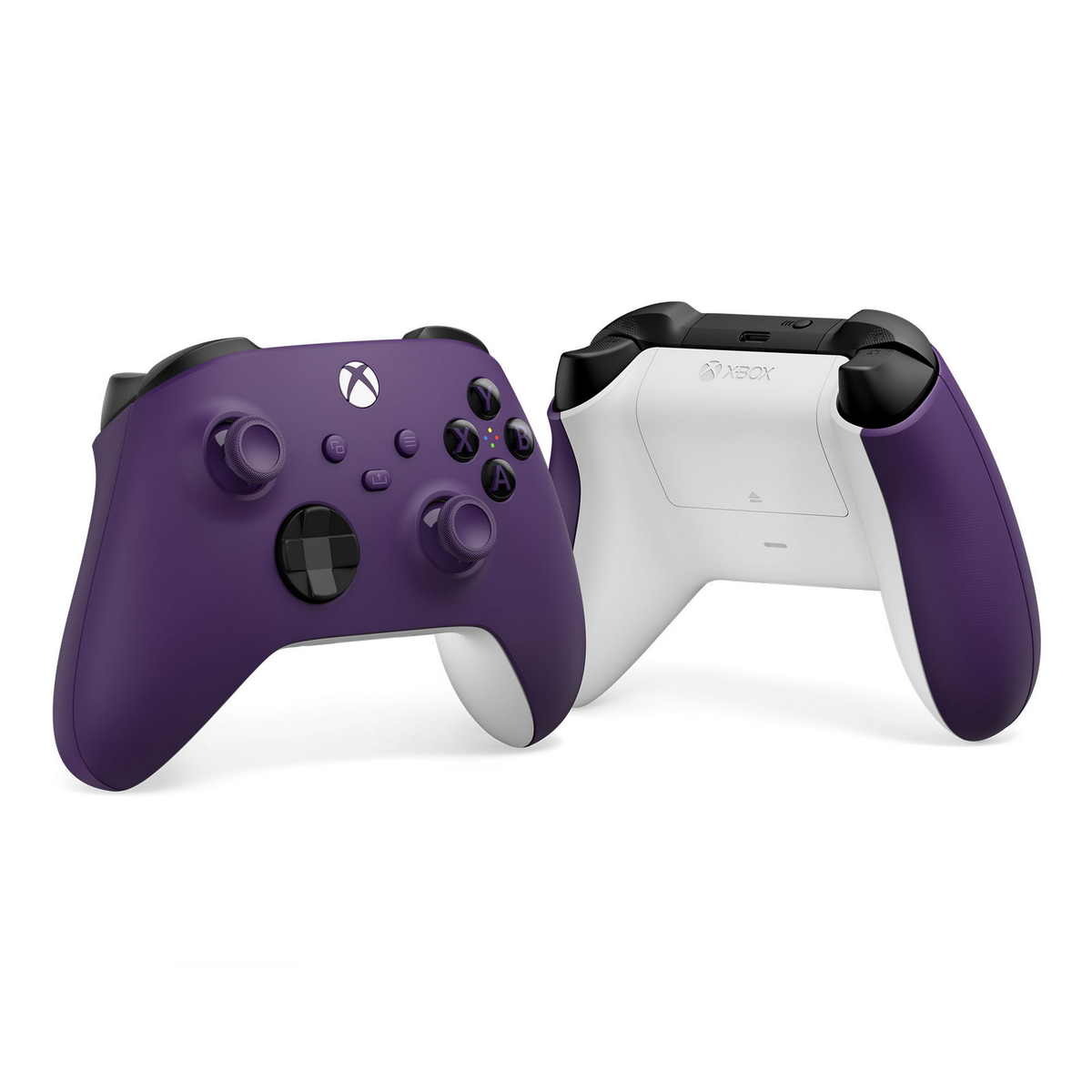 Due controller Xbox: viola e bianco. Mostrano davanti e dietro.