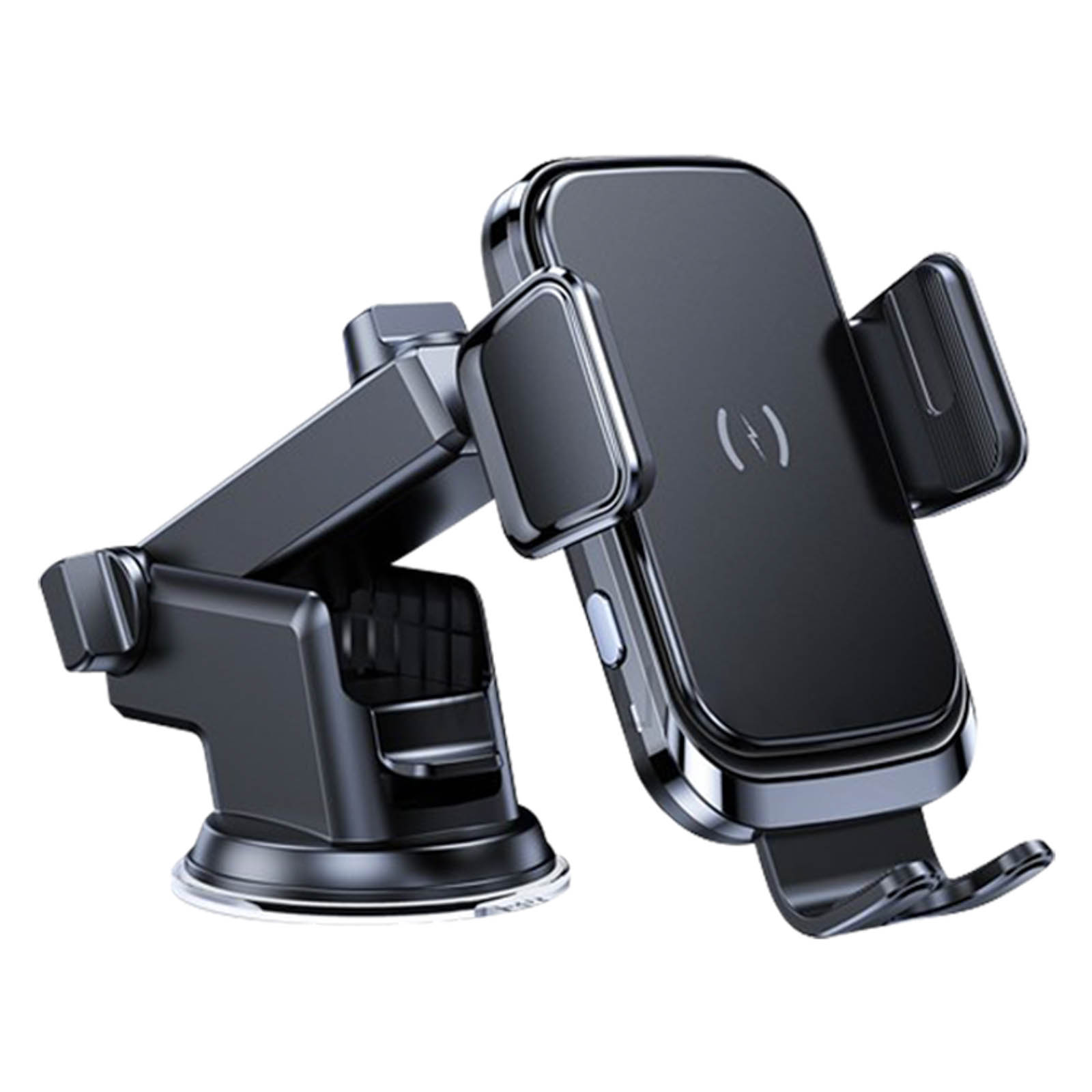 Eine schwarze Autotelefonhalterung mit Saugnapfbasis. Sie hat einen verstellbaren Arm und eine Telefonhalterung.