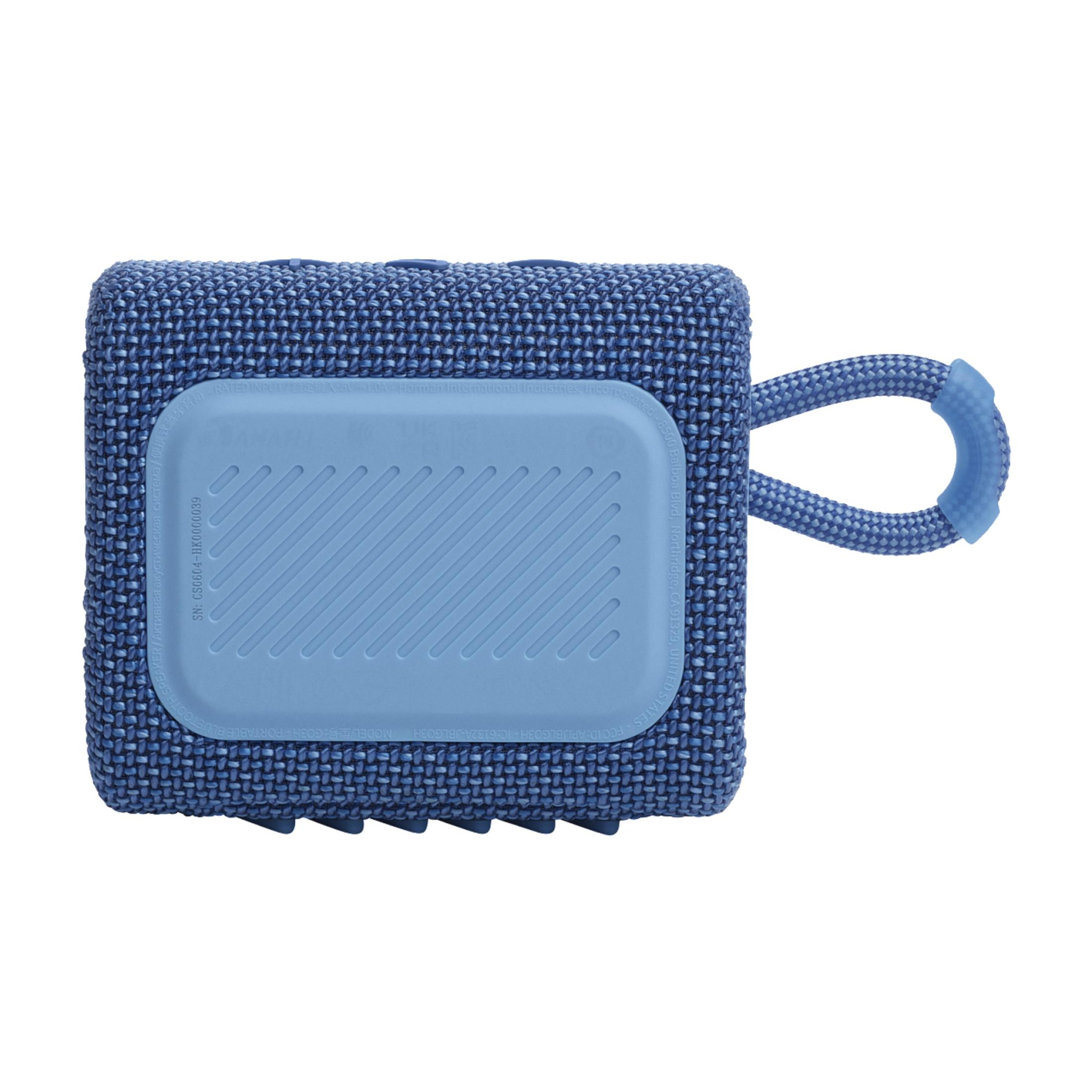 Un petit haut-parleur JBL bleu avec une sangle.