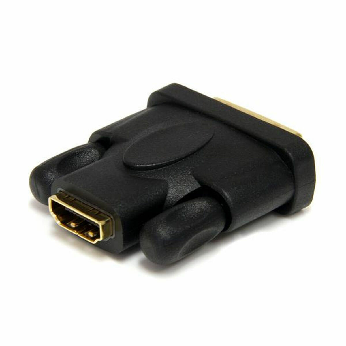 Ein HDMI-zu-DVI-Adapter, schwarz mit goldenen Anschlüssen.