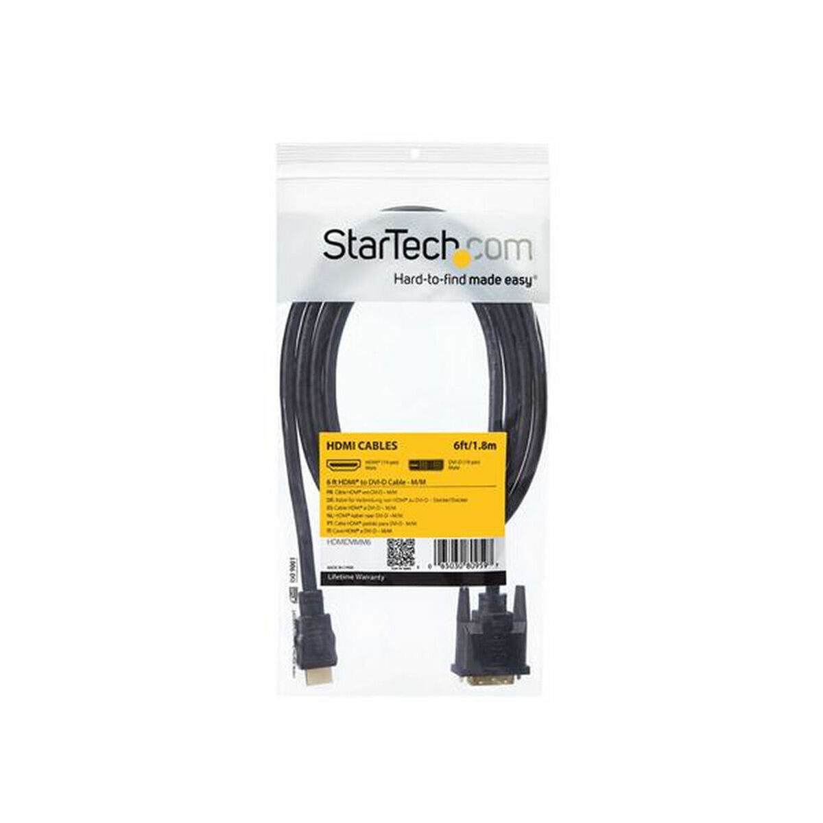 Ein HDMI-Kabel in einer durchsichtigen Plastikverpackung. Die Verpackung hat ein Etikett mit Produktinformationen.
