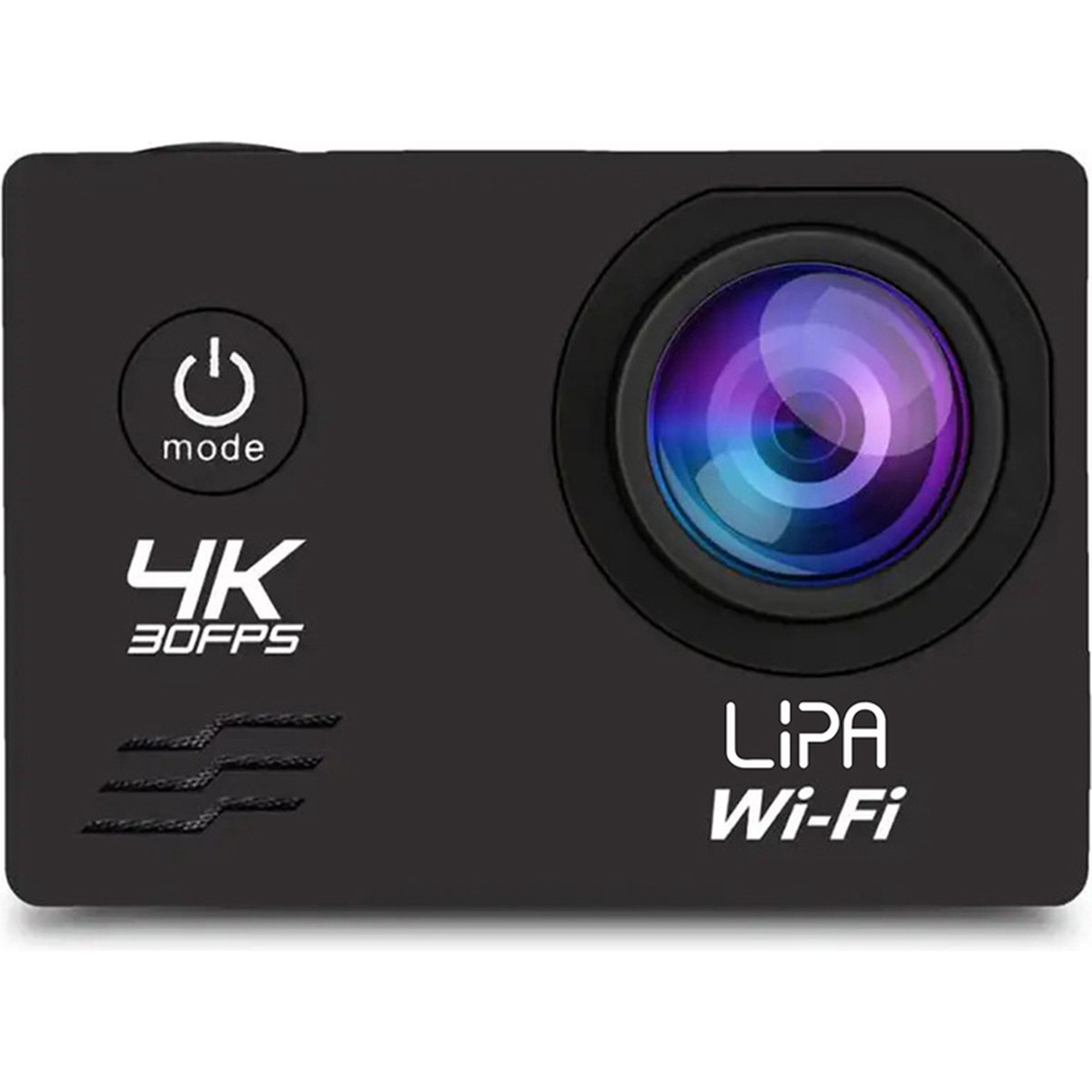 Czarna kamera sportowa z obiektywem, przyciskami i tekstem '4K' i 'LIPA Wi-Fi'.