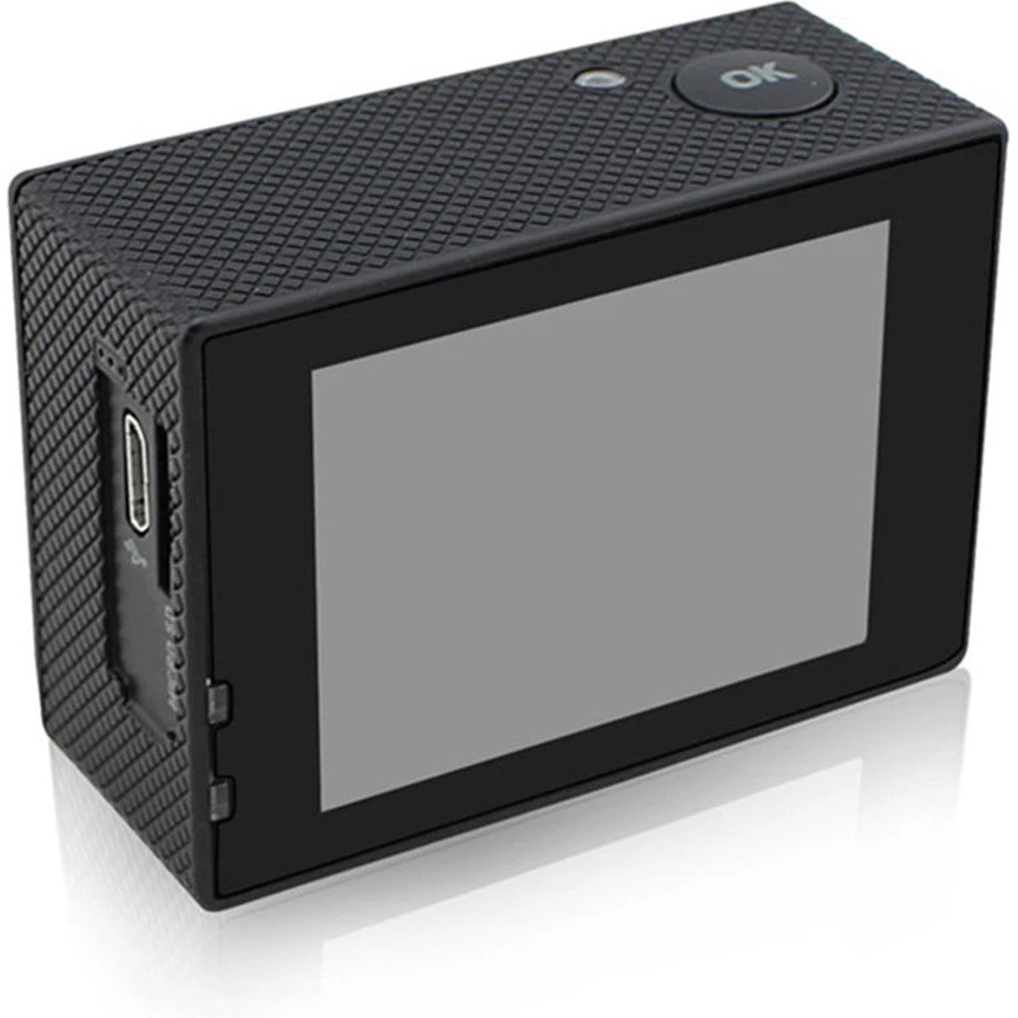 Czarna kamera sportowa z ekranem wyświetlającym szary obraz i przyciskiem OK.