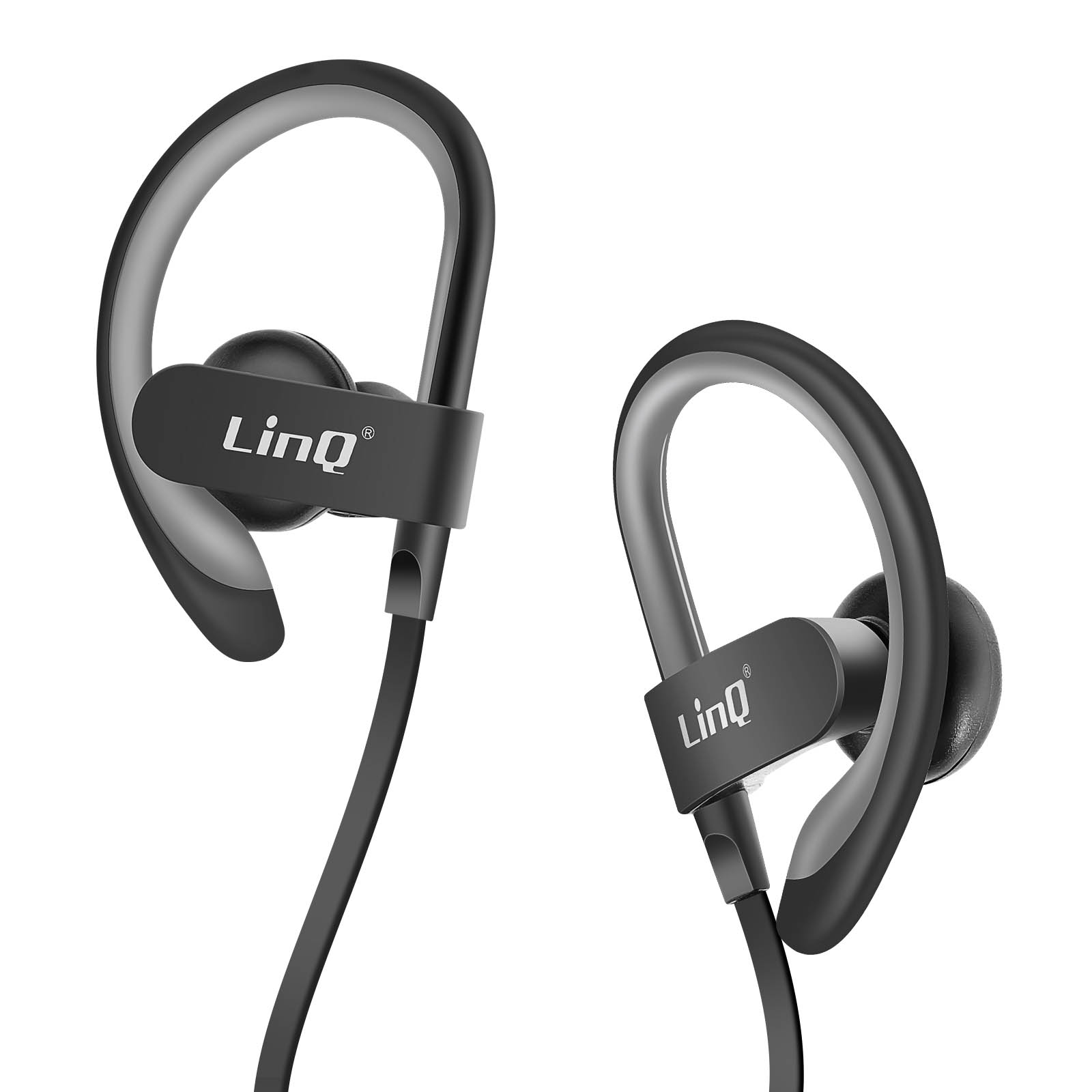 Cuffie con gancio auricolare nere e grigie. Il marchio LinQ è visibile su entrambe le cuffie.