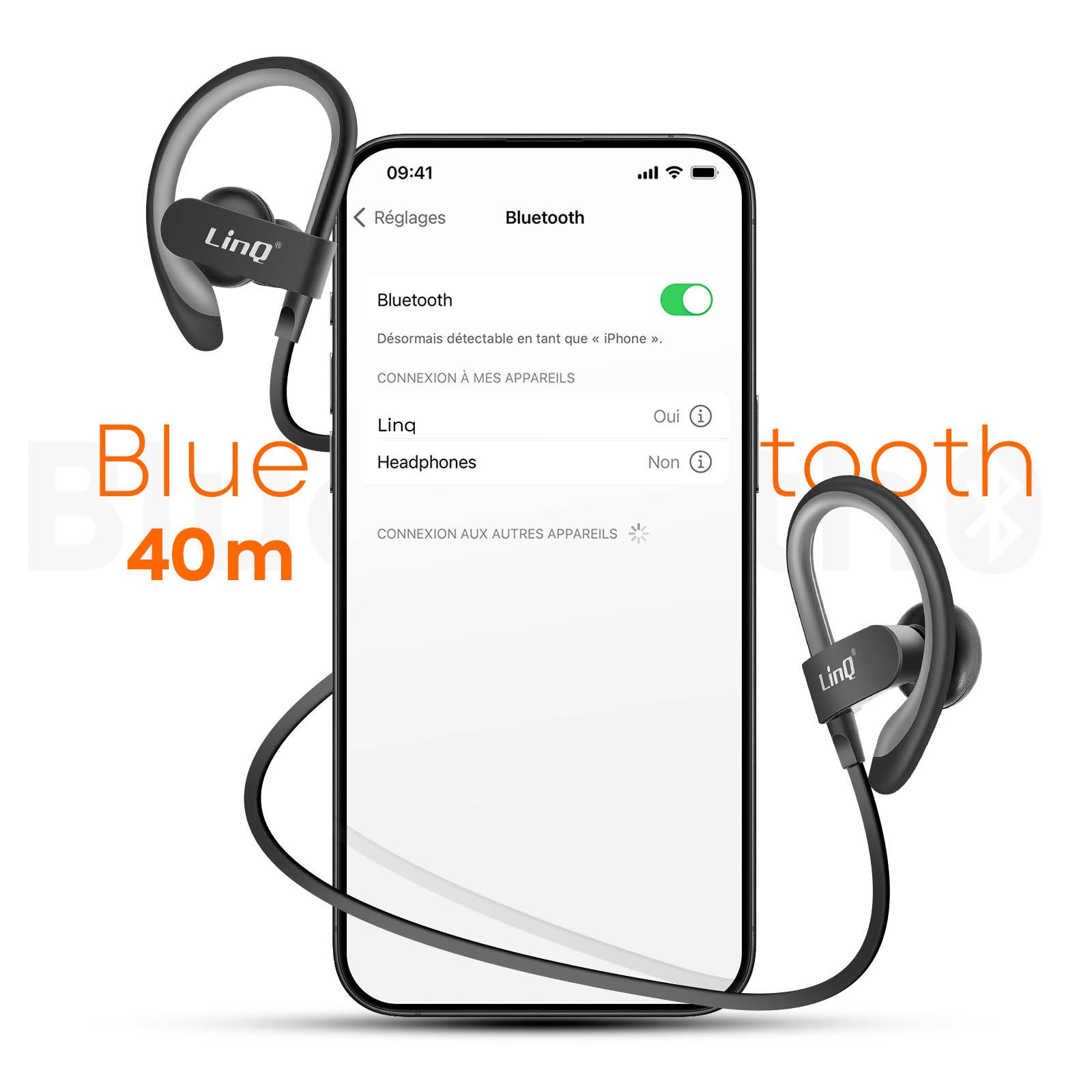 Auricolari wireless neri e smartphone che mostra le impostazioni Bluetooth. Testo: Bluetooth 40m.