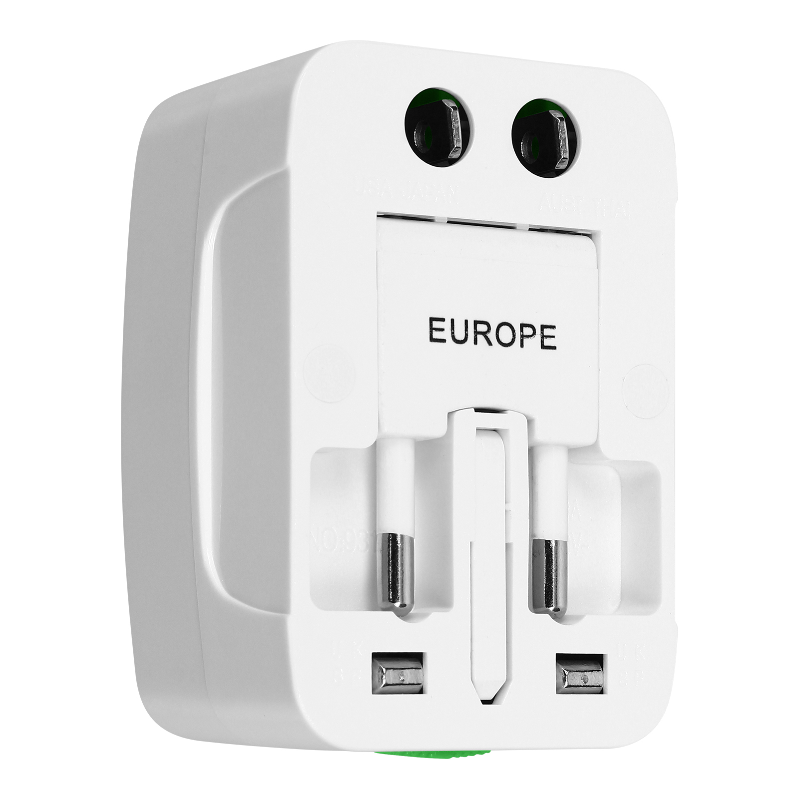 Adattatore da viaggio bianco con impostazioni di spina europee.