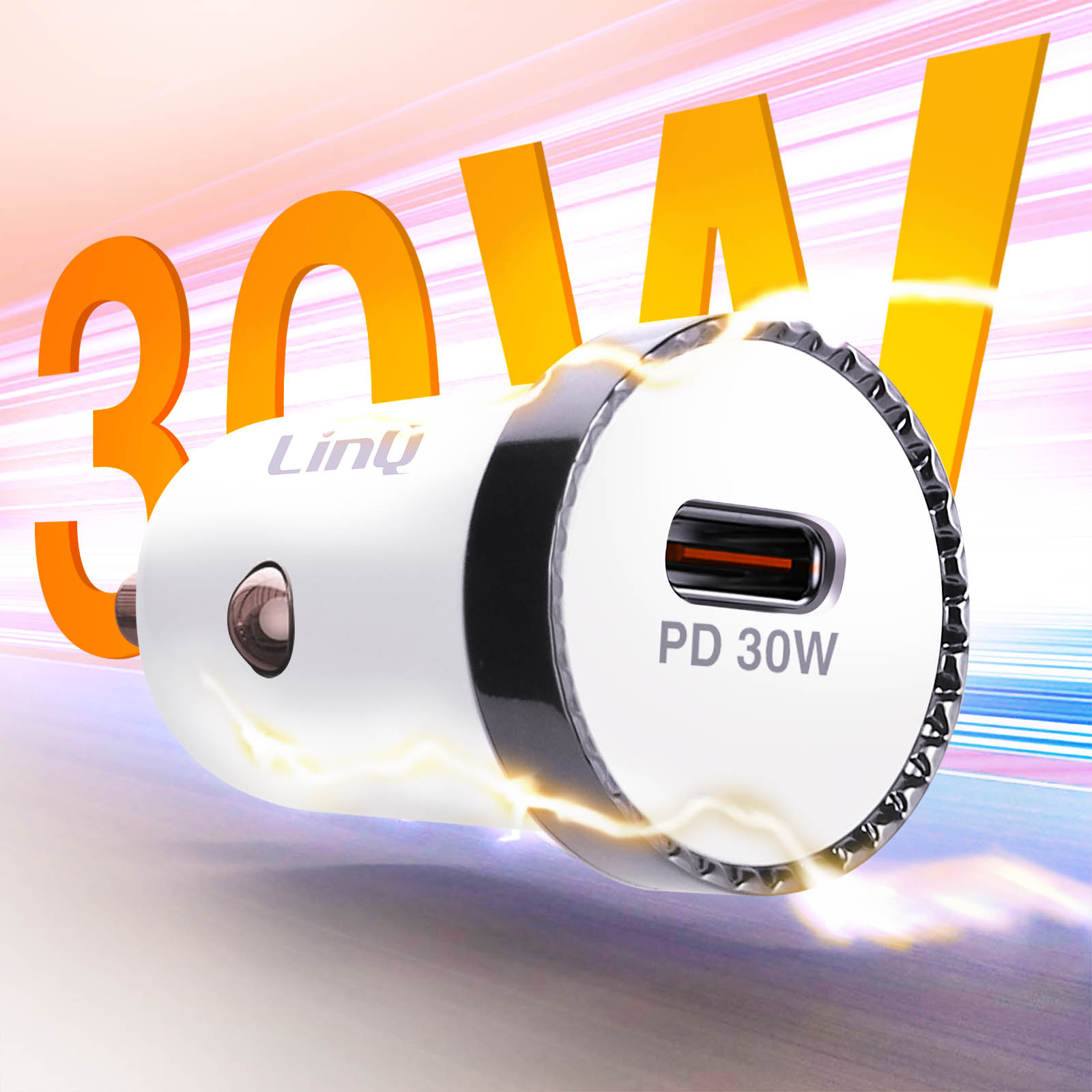 Ein weißes Autoladegerät mit PD 30W-Text und orangefarbenem Hintergrund.