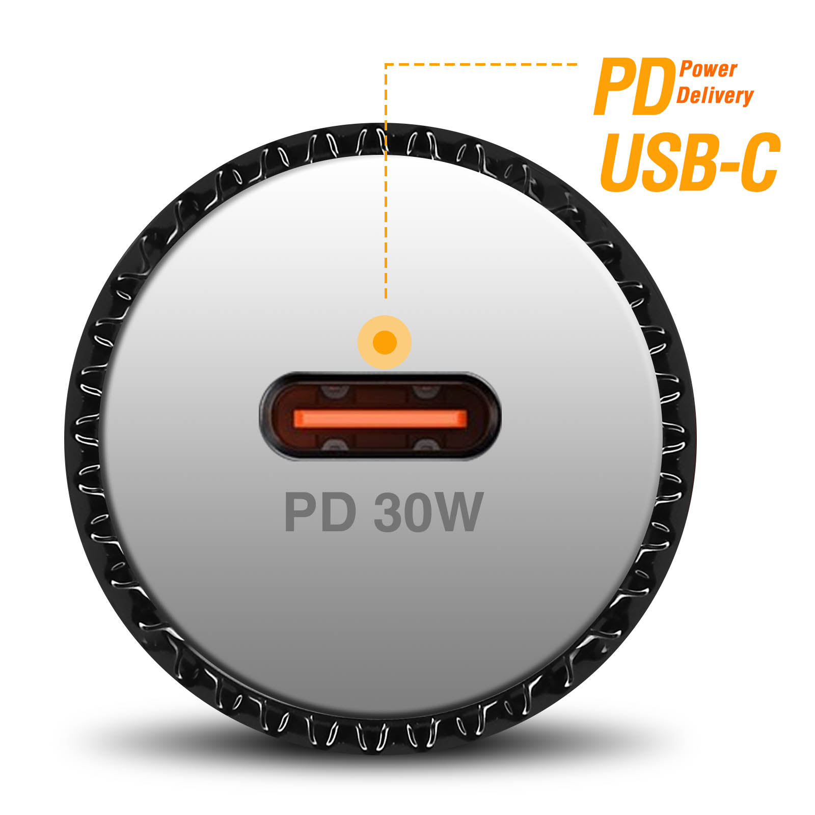 Ein USB-C-Ladegerät mit der Aufschrift 'PD 30W' und 'Power Delivery USB-C'. Es hat eine schwarze Umrandung.
