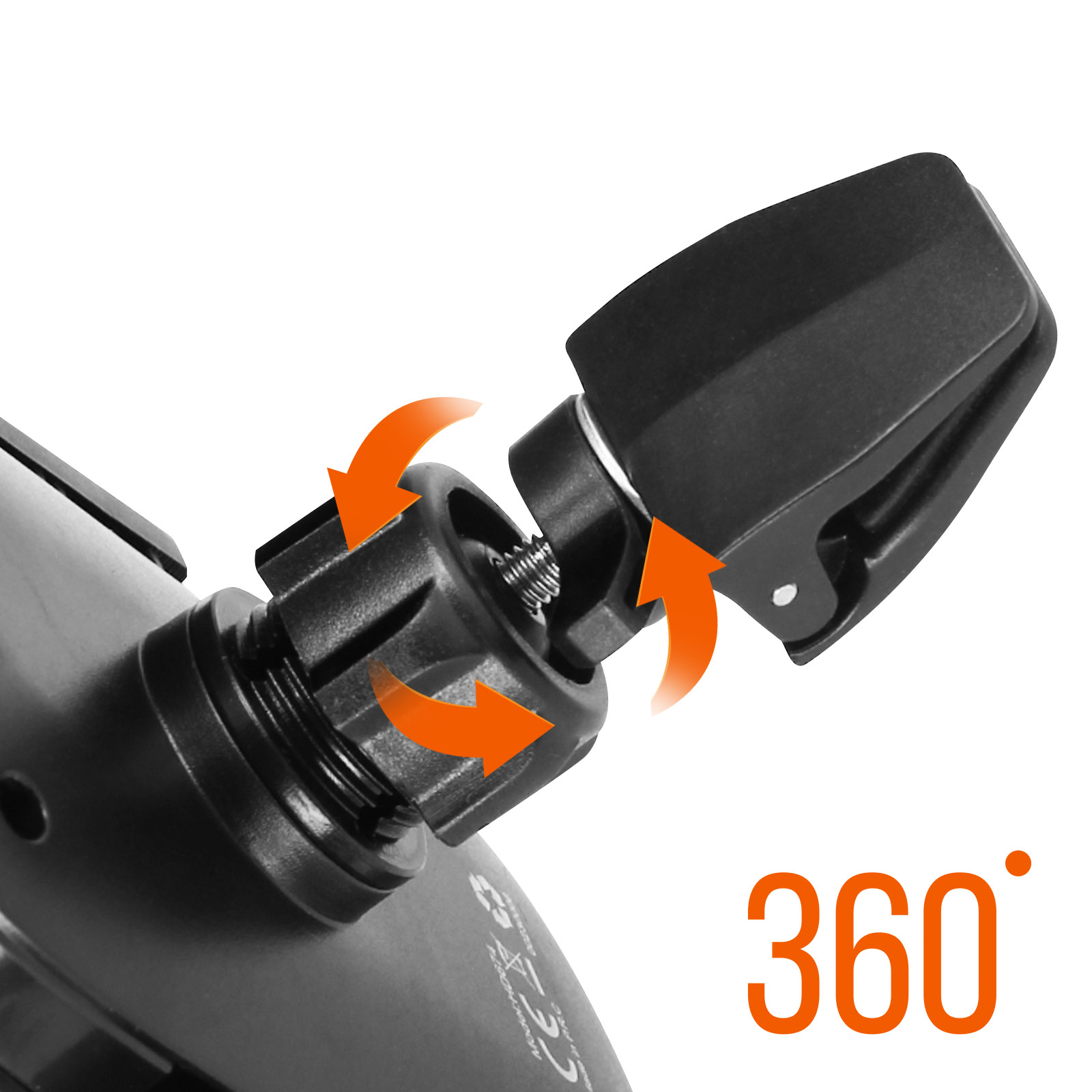 Primo piano di supporto auto con frecce che mostrano rotazione a 360 gradi.