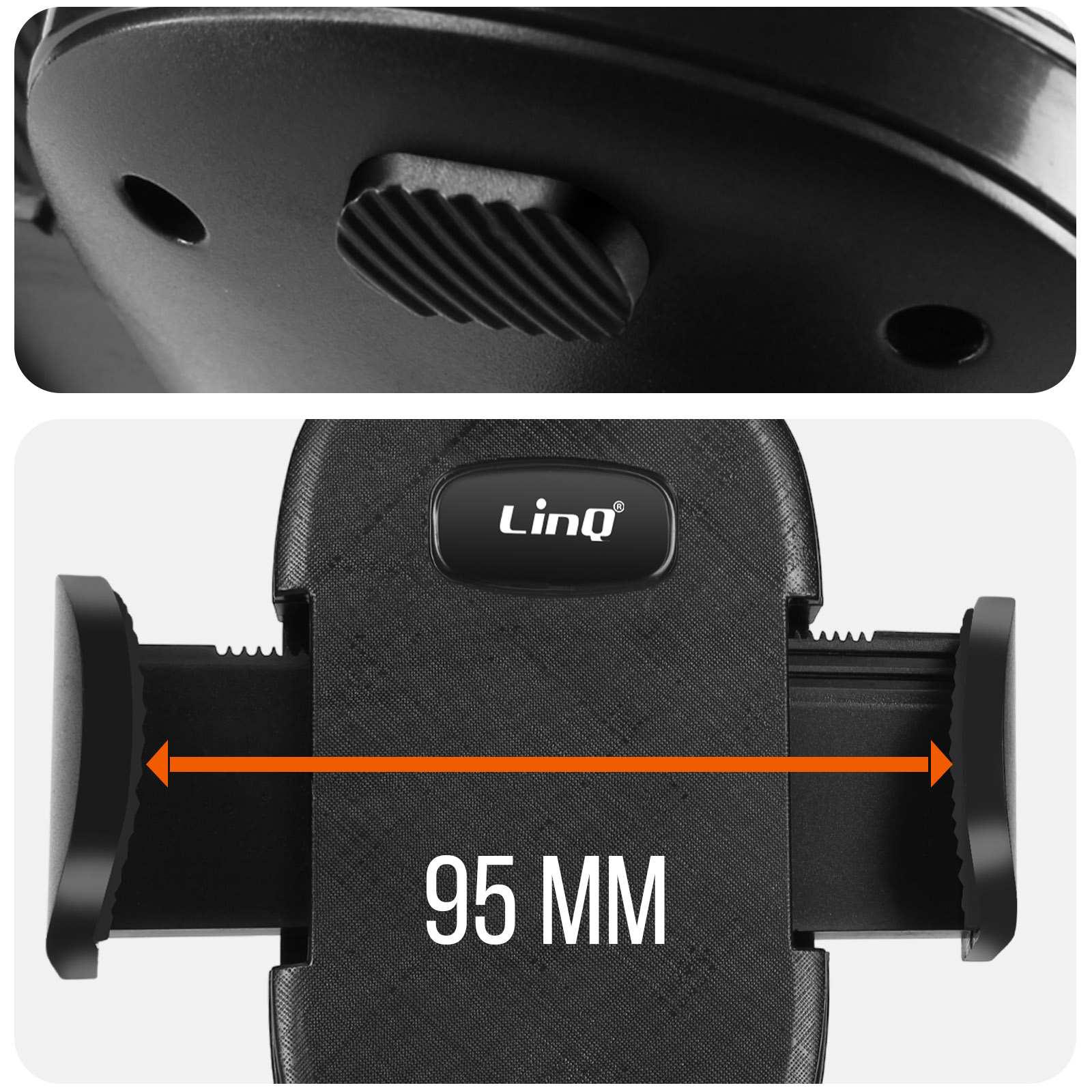 Primo piano di un supporto per telefono con il marchio 'LinQ' e una misura di larghezza di 95 mm.