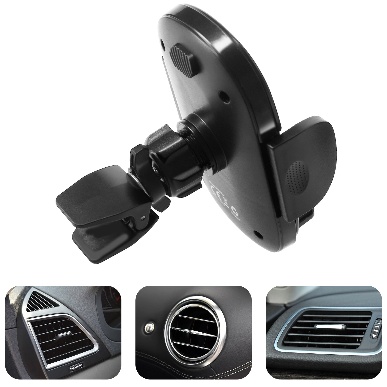 Supporto nero per bocchette dell'auto, tre diversi tipi di bocchette visibili, dettagli interni dell'auto.