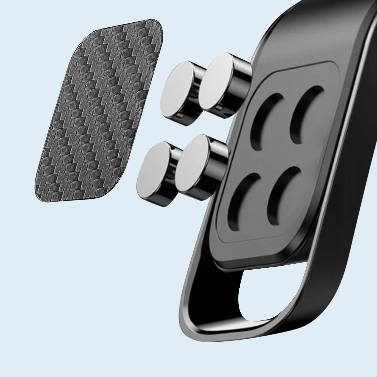 Schwarze Autotelefonhalterung mit silbernen Magneten, strukturierter Auflage und schwarzem Rahmen.