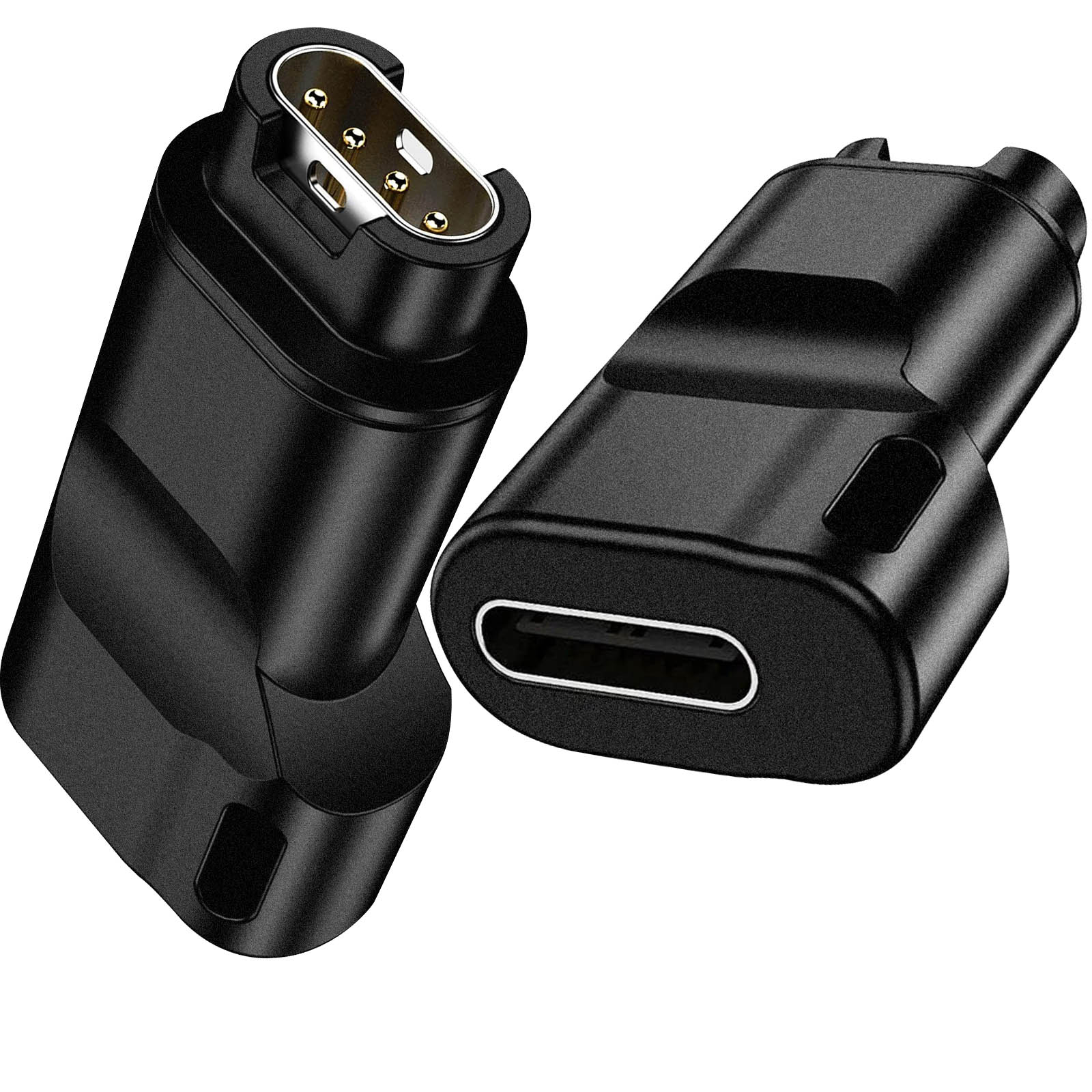 Due adattatori neri. Uno ha una porta USB-C. L'altro ha un connettore rotondo con pin.