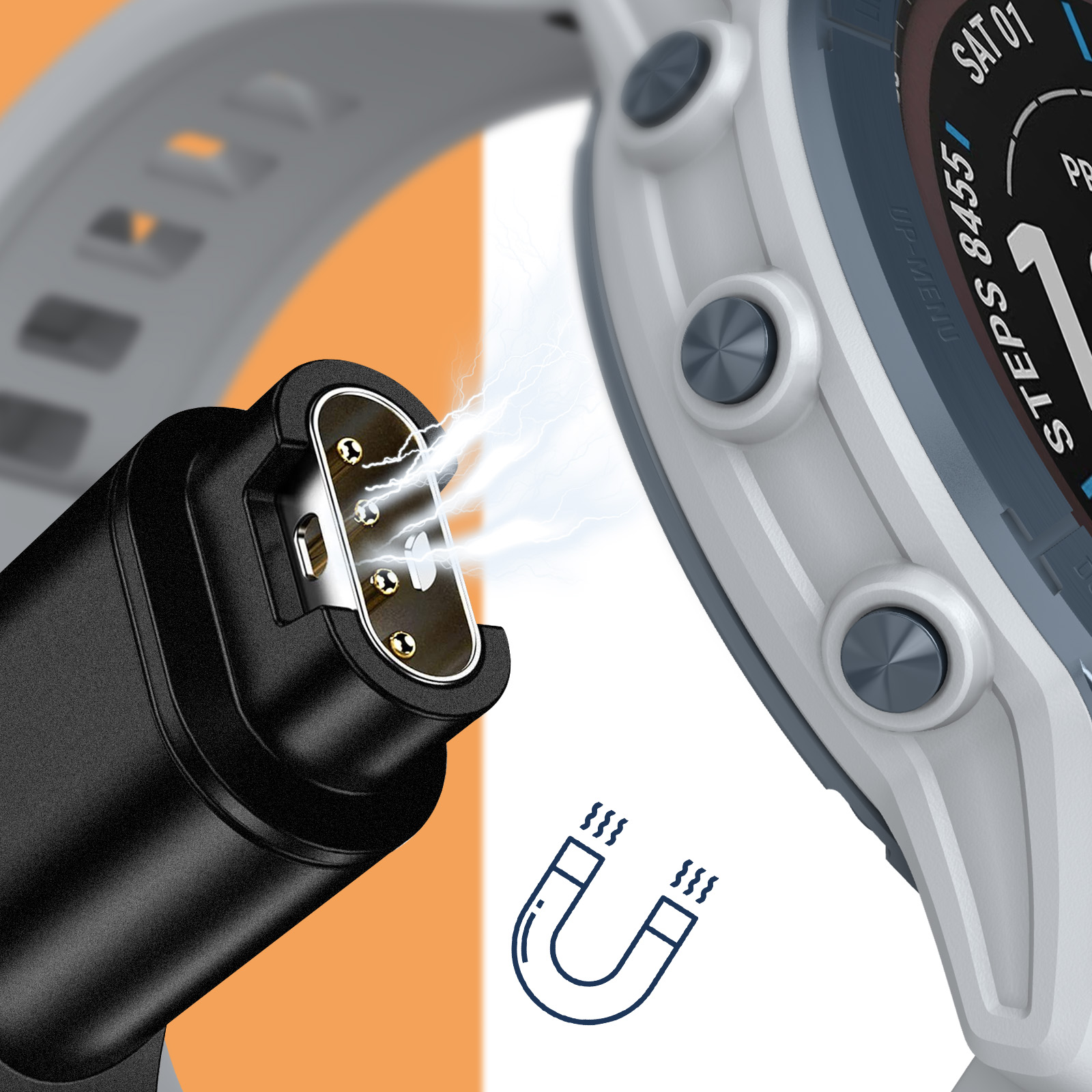 Ricarica di uno smartwatch. Il caricatore è collegato all'orologio, con un simbolo magnetico.