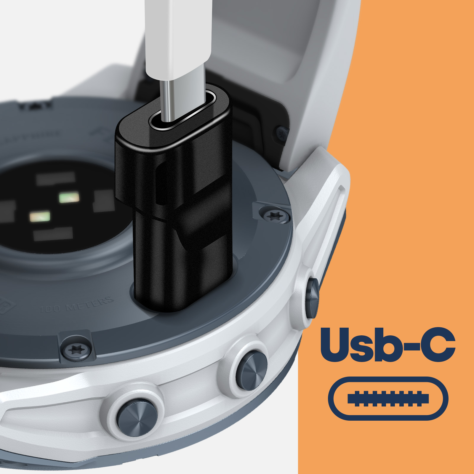 Primo piano di uno smartwatch in carica con un adattatore USB-C nero, sfondo arancione e bianco.