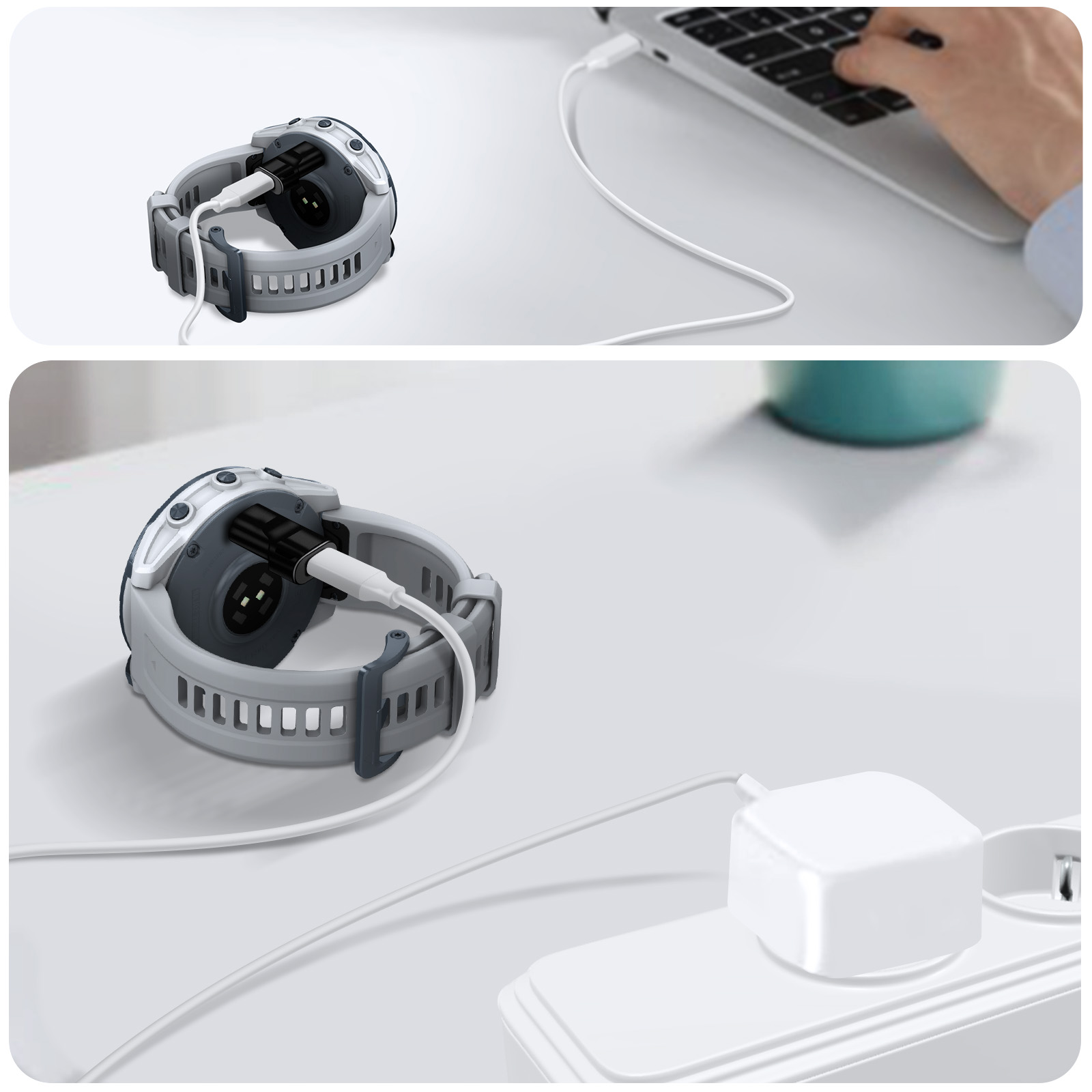 Smartwatch in carica, cavo collegato. In una foto, un laptop visibile. In un'altra, un adattatore di corrente bianco.