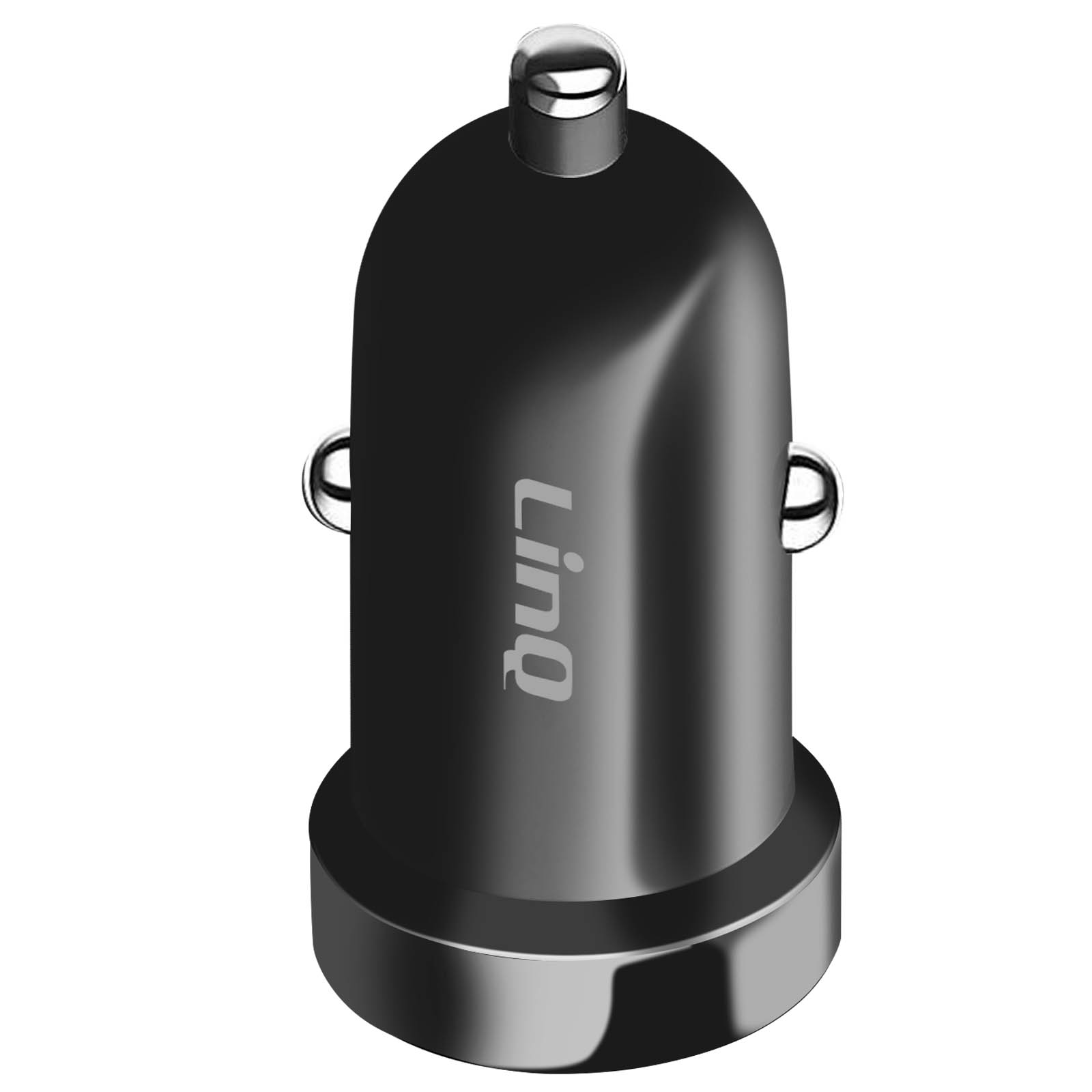 Schwarzes und silbernes Autoladegerät mit 'Linq'-Logo, zylindrische Form, auf weißem Hintergrund.