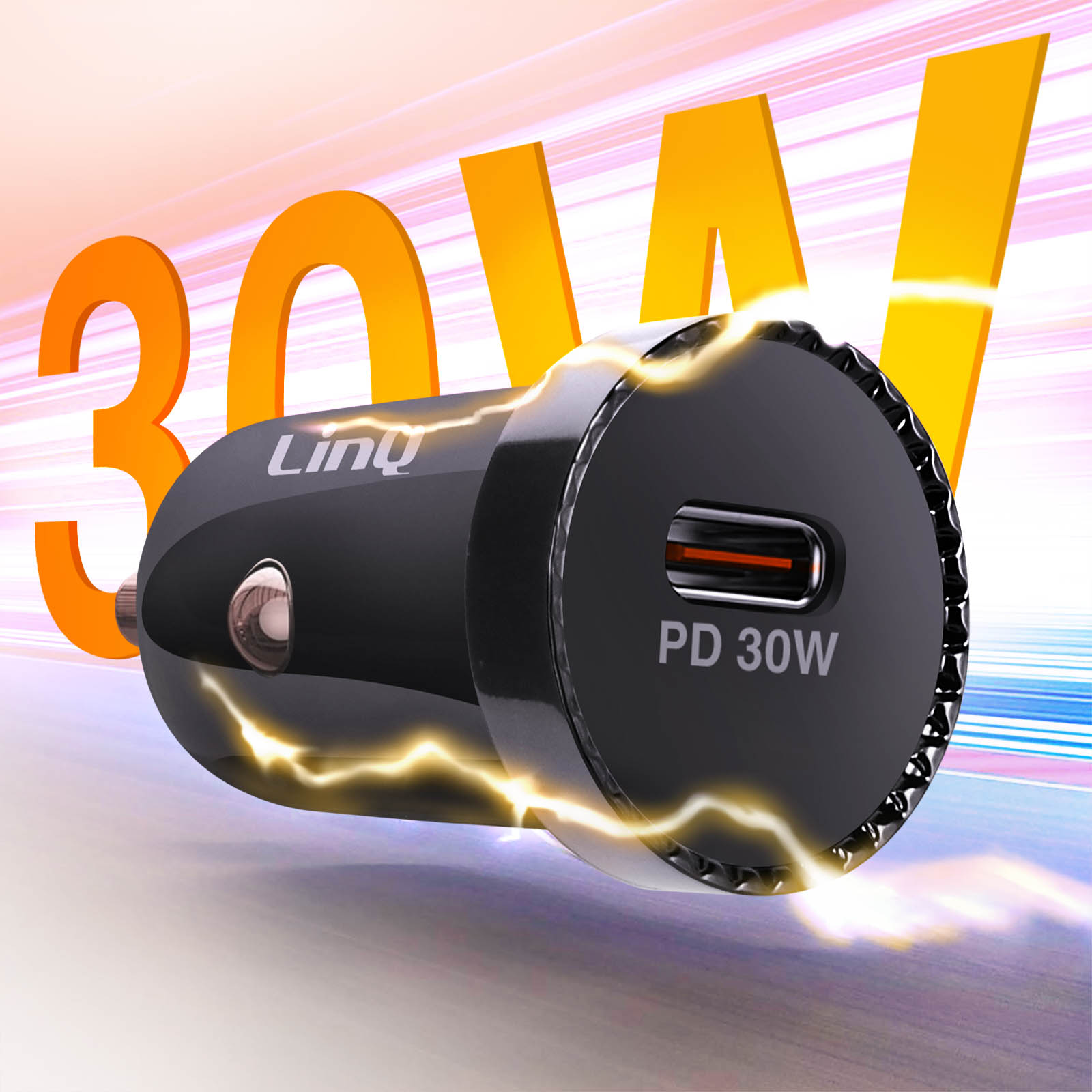 Schwarzes Autoladegerät mit PD 30W Text. Das Ladegerät hat Blitzgrafiken.
