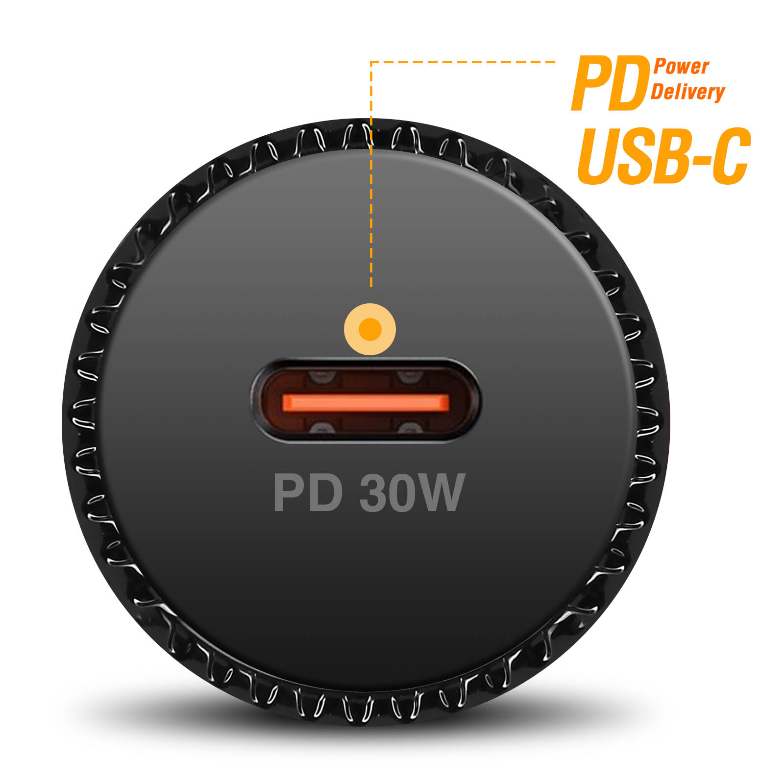 Schwarzes Autoladegerät, Draufsicht, mit USB-C-Anschluss und Text: PD 30W.