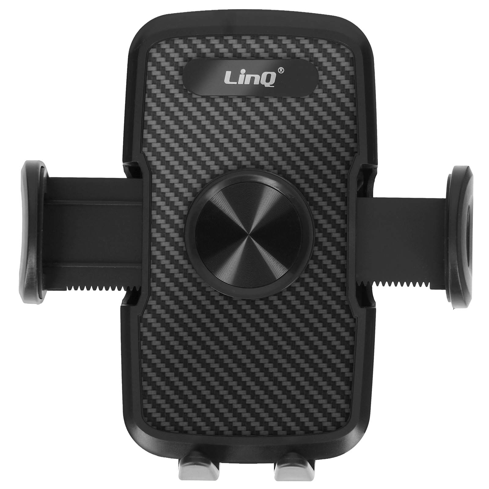 Un supporto nero per telefono da auto con un motivo in fibra di carbonio. Il marchio 'LinQ' è visibile sul davanti.