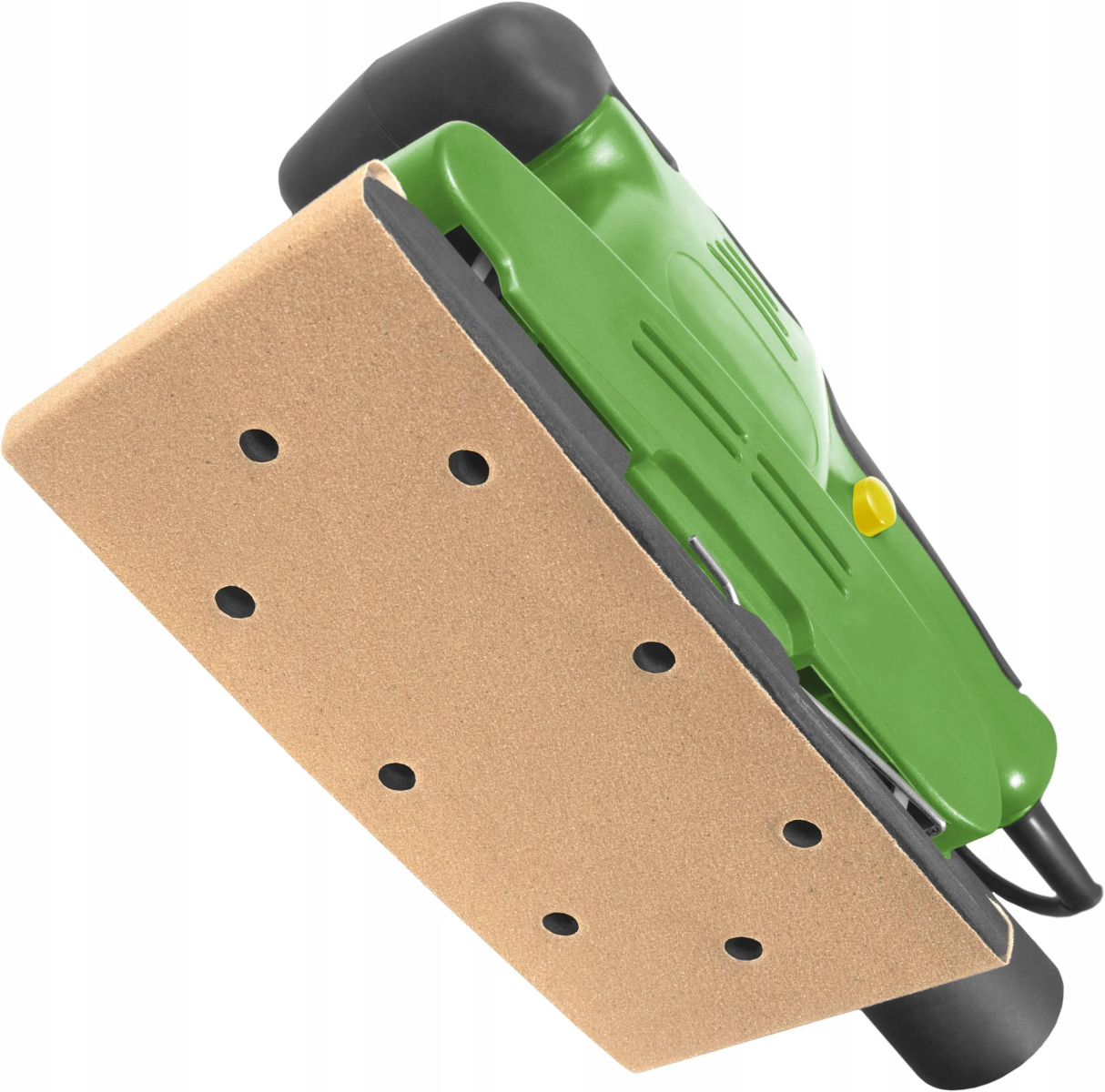 Zielona i czarna szlifierka, widok od dołu, z prostokątną tarczą szlifierską z otworami.